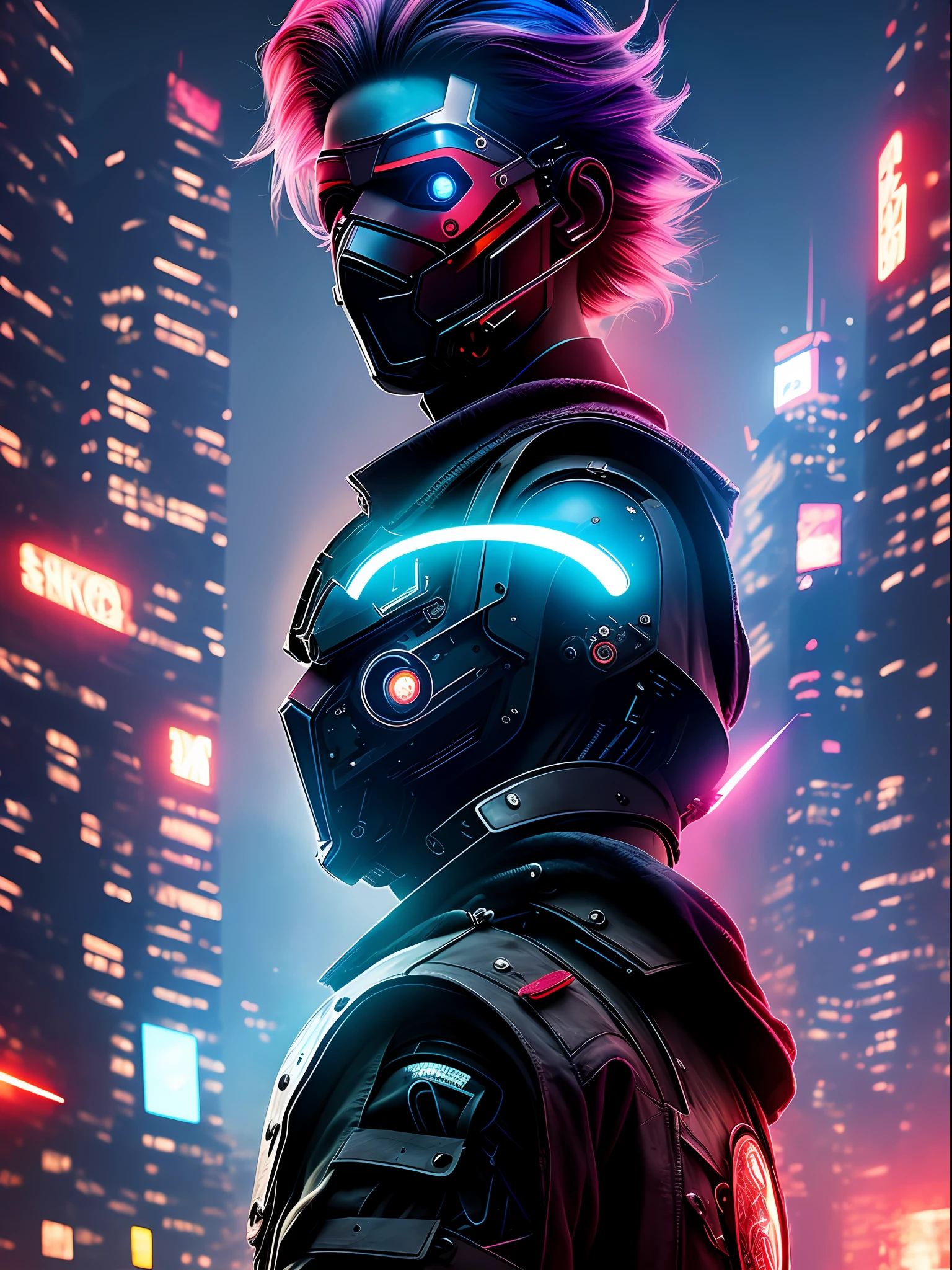 (1 man:2),(Masks:1.4),black in color,(realisticlying:2),Cool,8k wallpaper, Clear lines,cyber punk perssonage,(Red and blue colors:1.2),sideface,the hair,black reotard,circuit, special effects,Light,urban backdrop