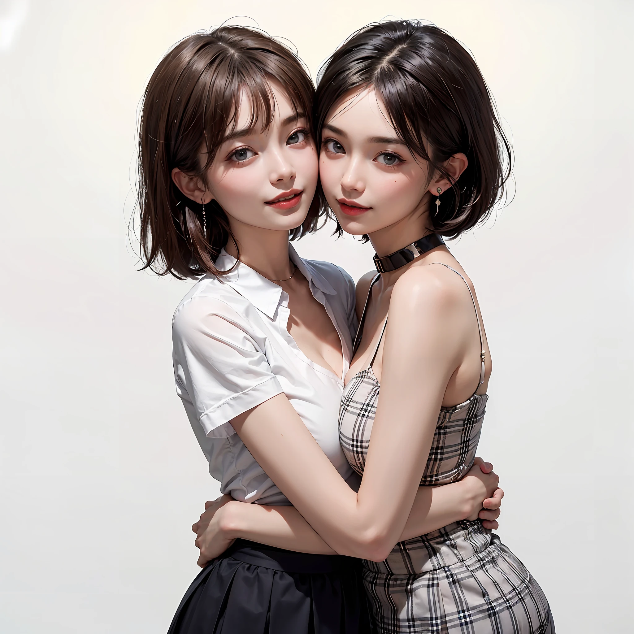 Two people facing each other and hugging happily、Two people hugging each other happily、Two people hugging each other tightly、Two people put their cheeks together、Two people piercing from cheek to cheek、Two people touching cheeks with cheeks、Both of them stare intently at the camera、Look firmly at the camera、Lesbian couple、Lily couple、((Bring your cheeks together、30-years old、Both supermodels are 190cm tall))、Two pretty and pretty girls、​masterpiece、top-quality、realisticlying、realisitic、Seductive bright smile、Both of them have short clean hair with bangs、bangss、bangss、Both have short hair、clean hair with bangs、Short sleeve collar shirt with collar、Collared shirt、(Plaid pleated skirt)、enticing eyes、Both have very large breasts、very Bigger breasts、Big ass、big breasts thin waist、(cleavage of the breast)、(Immaculate white background with nothing really)、(24 year old）、ighly detailed、Very tall、neck long、the neck is long、Straighten your back、Put your ears out、Highlights in the eyes、lipgloss、glowy skin、White-colored skin、Clean collarbone、closes mouth、Close your mouth and smile、Happily、Nice proportions、lovely、Charming and endearing、Colorful random collar shirt、Colorful random color skirt、Do not add shadows、No shadows