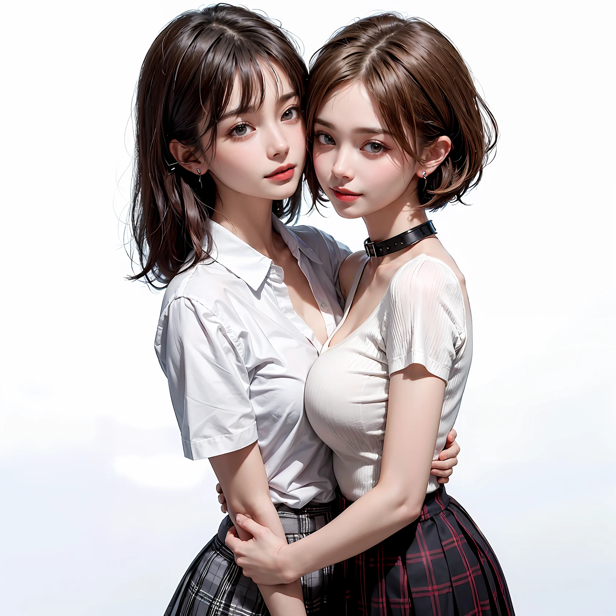 Two people facing each other and hugging happily、Two people hugging each other happily、Two people hugging each other tightly、Two people put their cheeks together、Two people piercing from cheek to cheek、Two people touching cheeks with cheeks、Both of them stare intently at the camera、Look firmly at the camera、Lesbian couple、Lily couple、((Bring your cheeks together、30-years old、Both supermodels are 190cm tall))、Two pretty and pretty girls、masterpiece、top-quality、realisticlying、realisitic、Seductive bright smile、Both of them have short clean hair with bangs、bangss、bangss、Both have short hair、clean hair with bangs、Short sleeve collar shirt with collar、Collared shirt、(Plaid pleated skirt)、enticing eyes、Both have very large breasts、very Bigger breasts、Big ass、big breasts thin waist、(cleavage of the breast)、(Immaculate white background with nothing really)、(24 year old)、ighly detailed、Very tall、neck long、the neck is long、Straighten your back、Put your ears out、Highlights in the eyes、lipgloss、glowy skin、White-colored skin、Clean collarbone、closes mouth、Close your mouth and smile、Happily、Nice proportions、lovely、Charming and endearing、Colorful random collar shirt、Colorful random color skirt、Do not add shadows、No shadows
