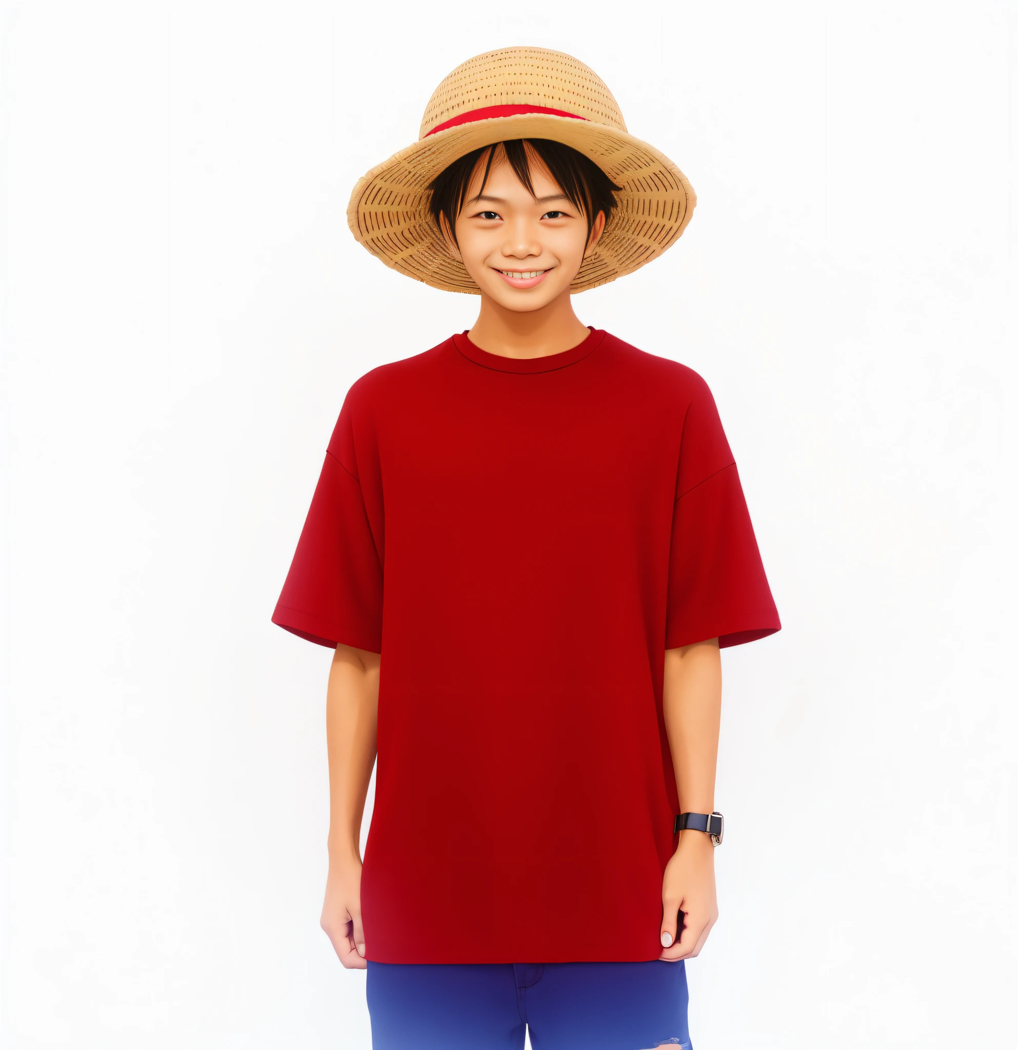 "A stylish 30-year-old man with a captivating smile, donning a trendy straw hat, and showcasing gleaming pearly whites."