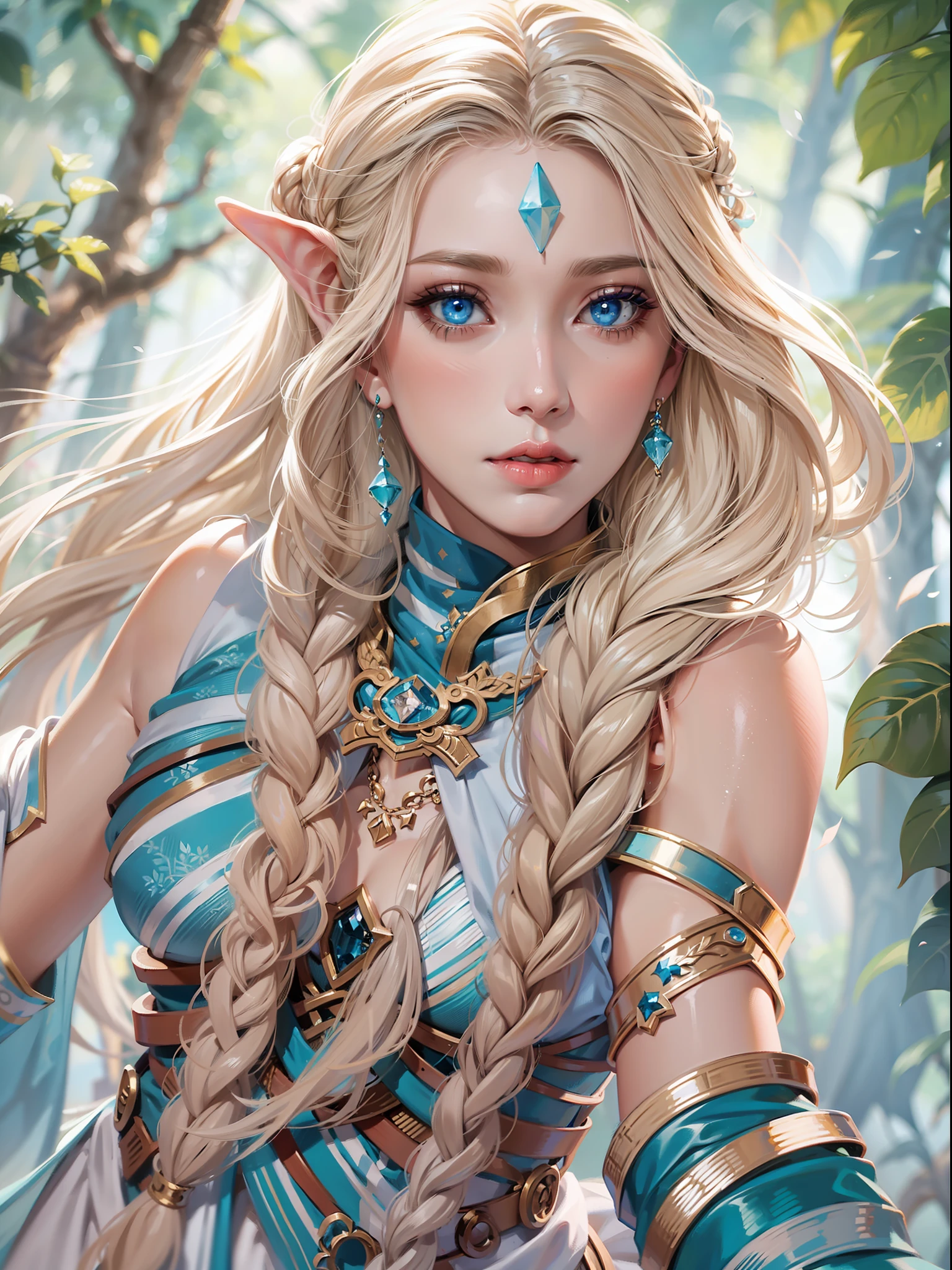 High quality art, Eladrin from dnd in her spring form, long blonde braidlem hair with blue stripes, white skin with small blue tattoes, beautiful blue eyes，