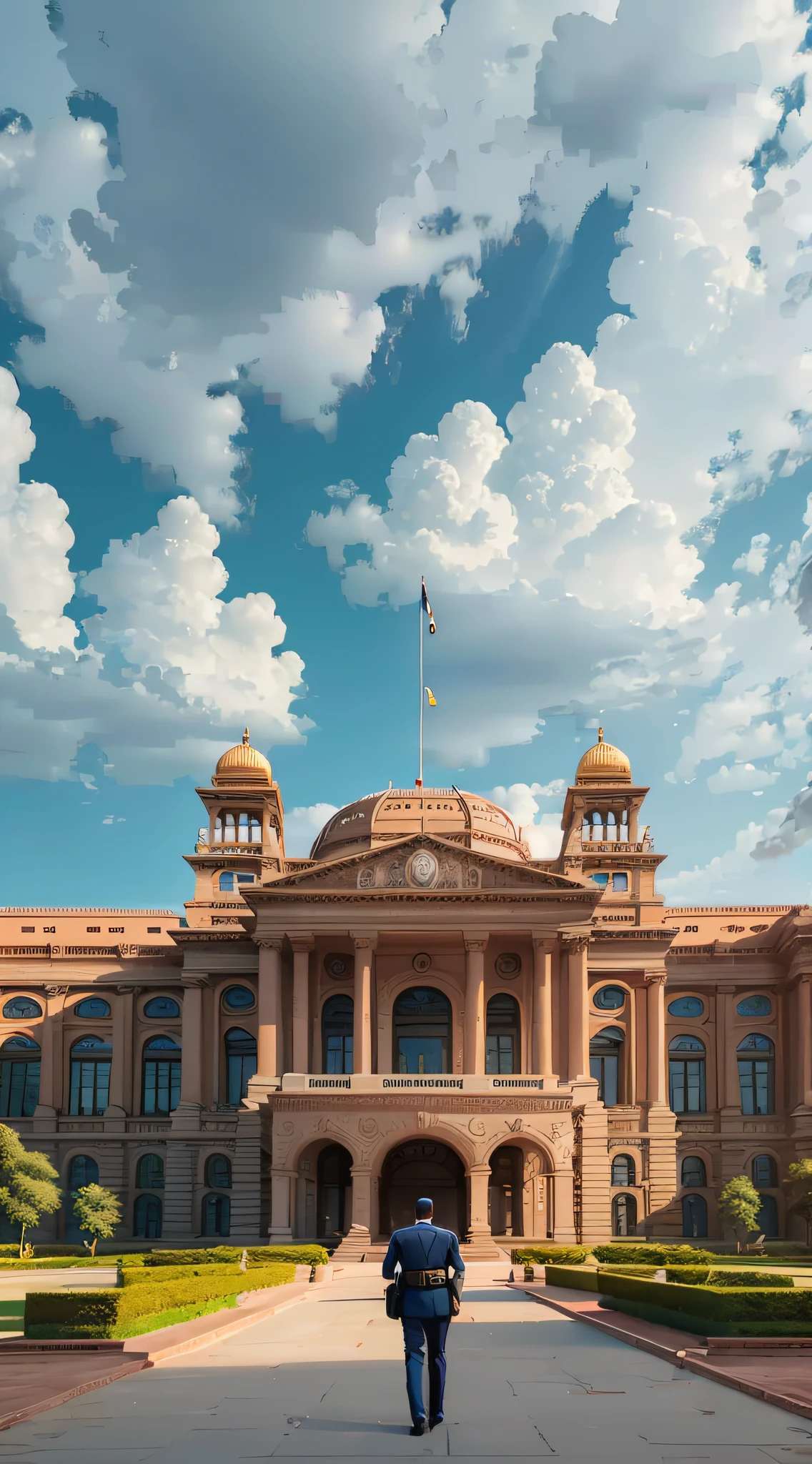 ((masterpiece)), ((best quality)), 8k, high detailed, ultra-detailed, Government building with intricate architecture and grandeur stands tall. In front of it, well-dressed security personnel symbolize the authority controlling government information.
