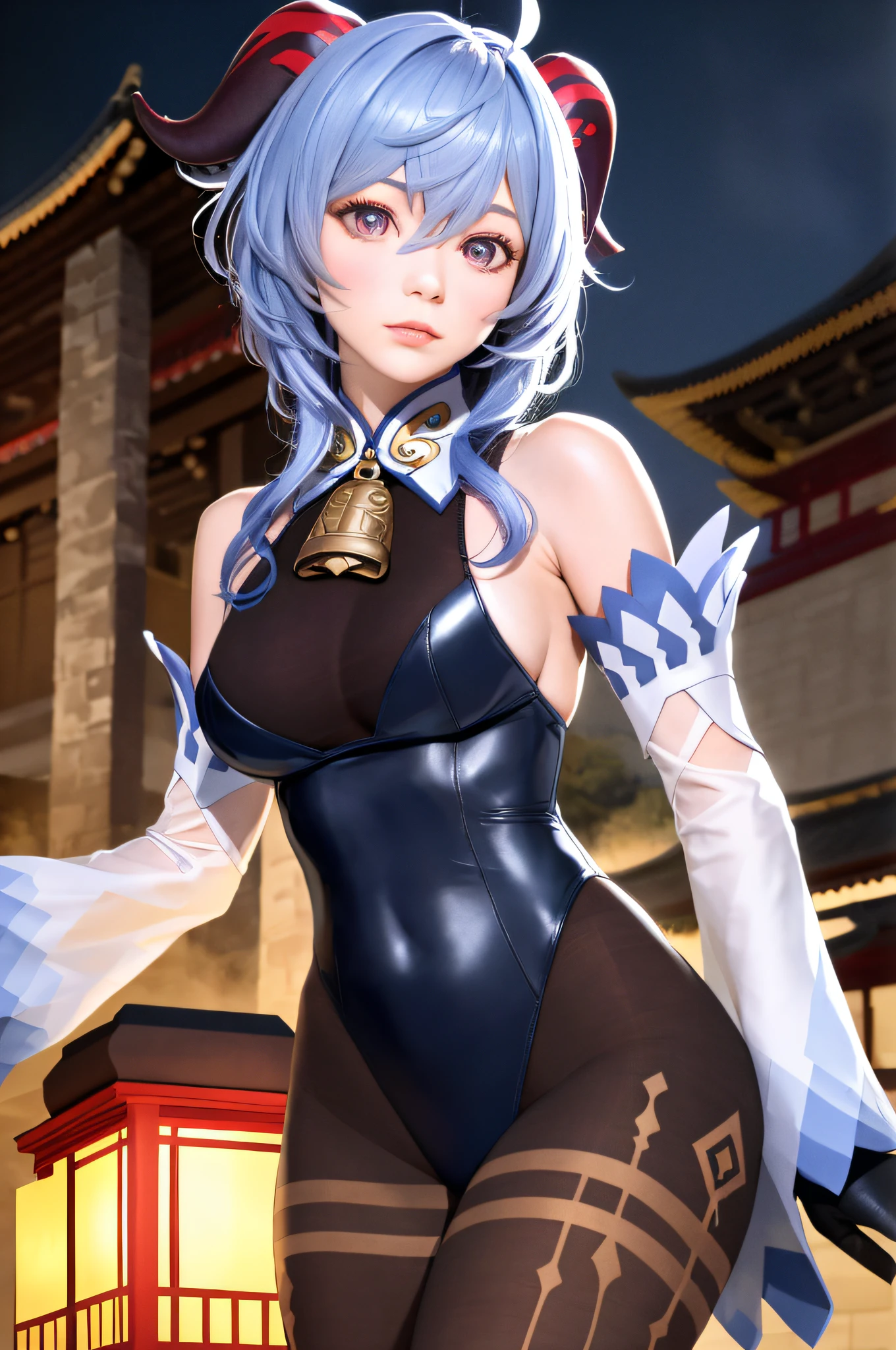 Masterpiece, (Photorealistic:1.5), Best quality, Beautiful lighting, Real life,
Ganyu \(Genshin Impact\), 1girll, ahoge, architecture, bangs, Bare shoulders, bell, Black gloves, Black pantyhose, (Blue hair), Blush, Breasts, Chinese knot, Detached sleeves, east asian architecture, flower knot, mitts, Horns, Long hair, view the viewer, Medium breasts, Neckbells, Night, Outdoors, Pantyhose, Purple eyes, side locks, Solo, nipple tassels, White sleeves,
, Intricate, High detail, Sharp focus, Dramatic, Beautiful girl , (RAW photo, 8K UHD, filmgrain), Caustics, Subsurface scattering, Pondering