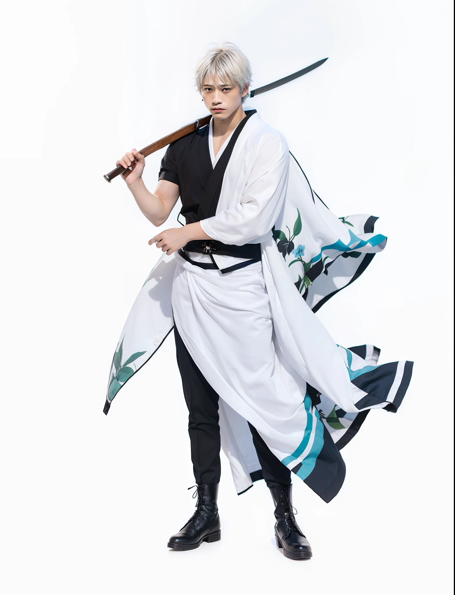 1boy,gintoki sakata,black jacket,white kimono, short hair, white hair,holding sword,wooden sword,one hand out, standing, serious face,boots, realistic,more detail,70mm lens,