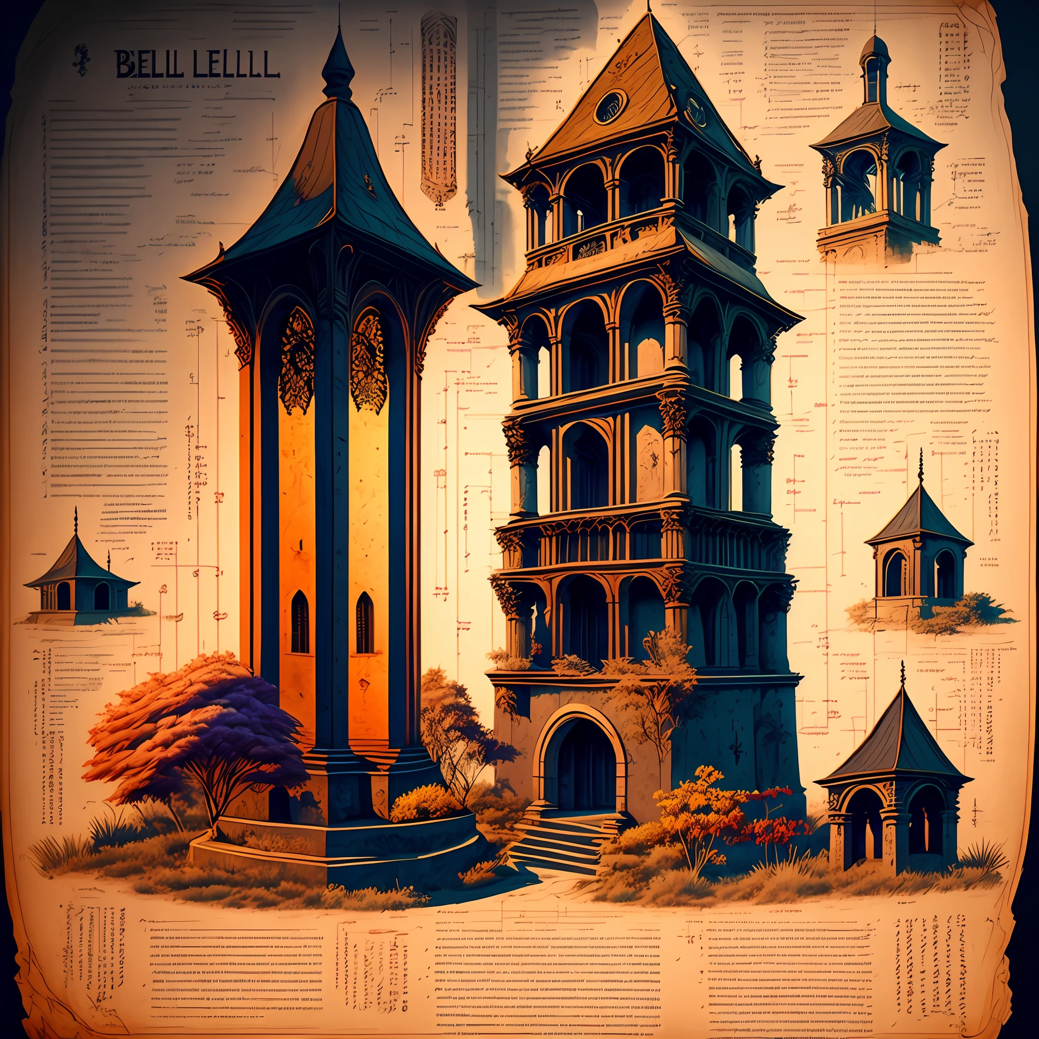 medieval bell tower, nightfall, dark tones, dawn, complementary colors, details, giant details, super details, aesthetics, top masterpiece
