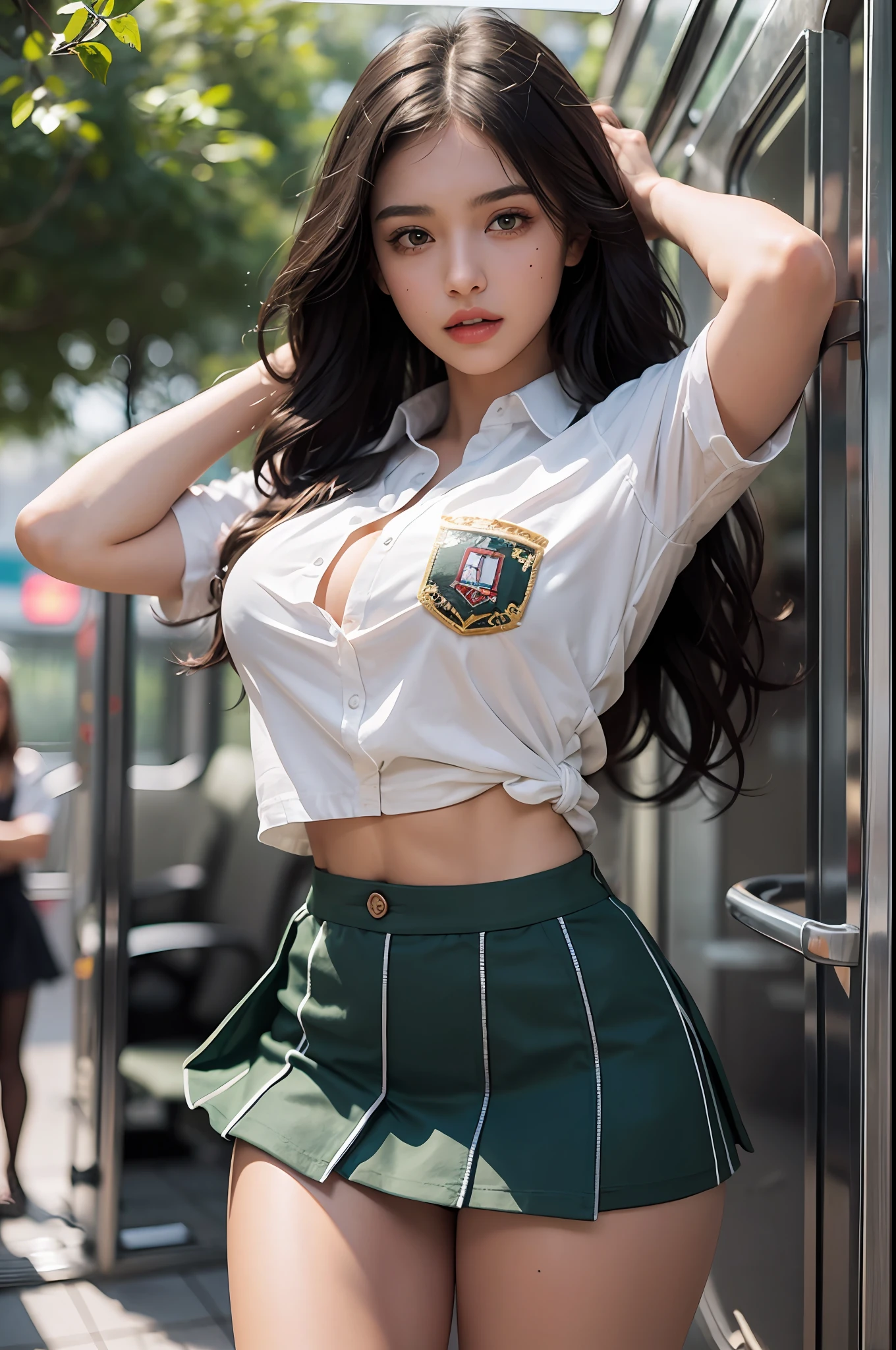 ompt
truk), (Ultra realistic), (Illustration), (High resolution), (8K), (Very detailed), (Best illustration), (Beautiful green eyes), showing big round ass, (Best quality), (Ultra detailed), (Masterpiece), (Detailed face), Solo, (Dynamic pose), 1 girl, back view, Black wavy hair in train, Little moles under the eyes, ((shirt and skirt)), Big tits, Long legs, Tighten abs, (camel toe), (without panties),