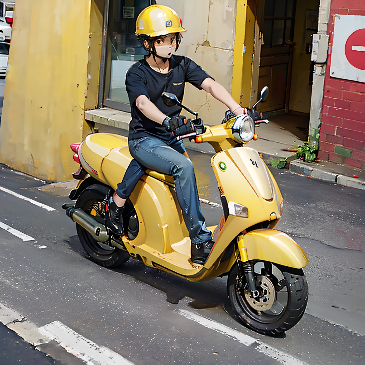 A deliveryman in a yellow shirt wearing a yellow helmet, riding a small electric scooter, preparing to enter the community,