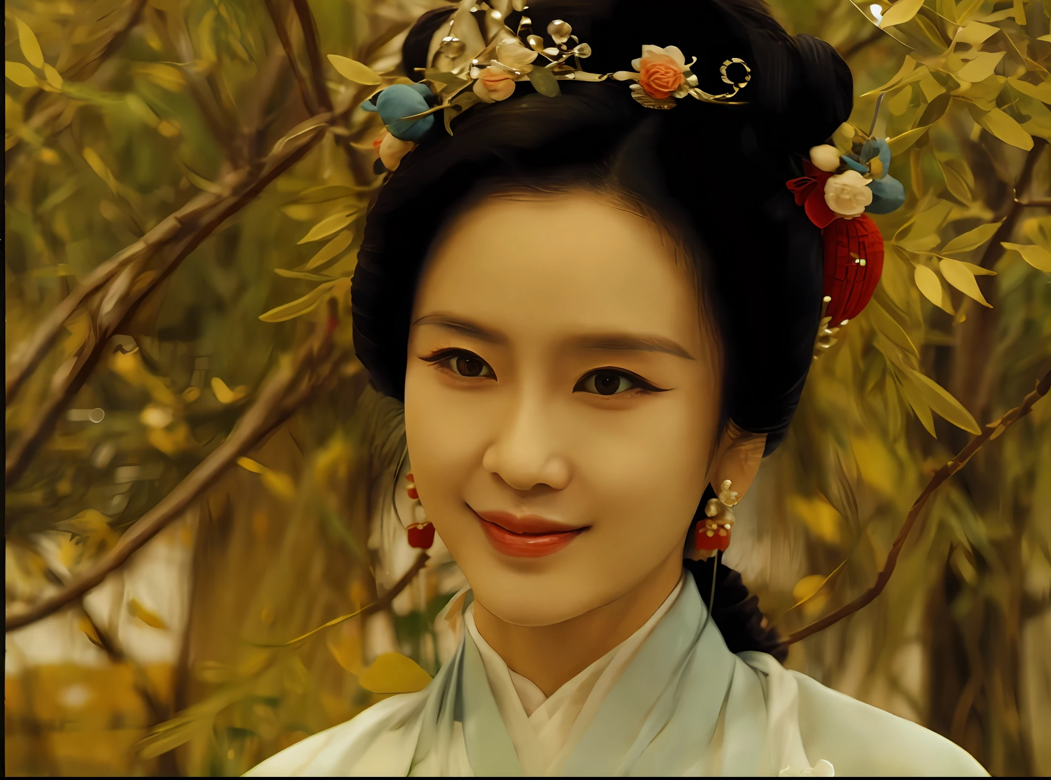 Araki woman in blue dress and headdress standing in front of a tree, inspired by Li Mei-shu, chinese empress, China Princess, 张曼玉, queen of the sea mu yanling, in style of pan ren wei, heise-lian yan fang, gong li, Yun Ling, Inspired by Li Tang, Chinese woman, inspired by Ju Lian