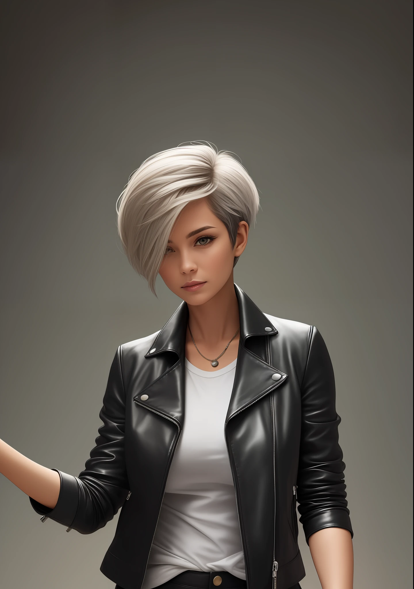 The woman, gray hairs, short Pixie haircut, from back, black leather jacket