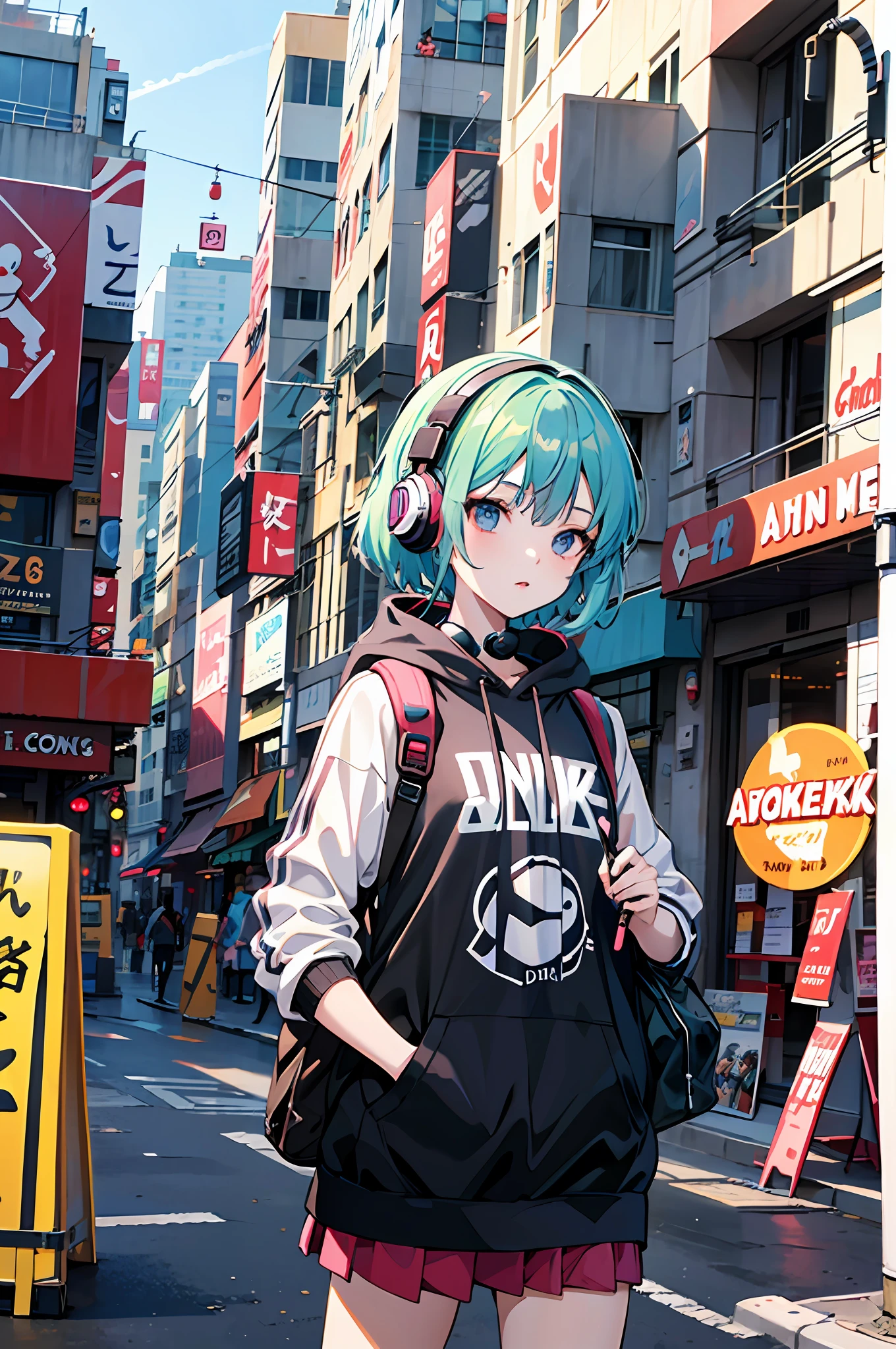 Anime girl with headphones and backpack on city streets, style of anime4 K, Best anime 4k konachan wallpaper, Anime art wallpaper 4k, Anime art wallpaper 4 K, Anime art wallpaper 8 K, Anime style. 8K, Guviz-style artwork, cyberpunk anime girl in hoodie, Anime style illustration, 4K anime wallpaper
