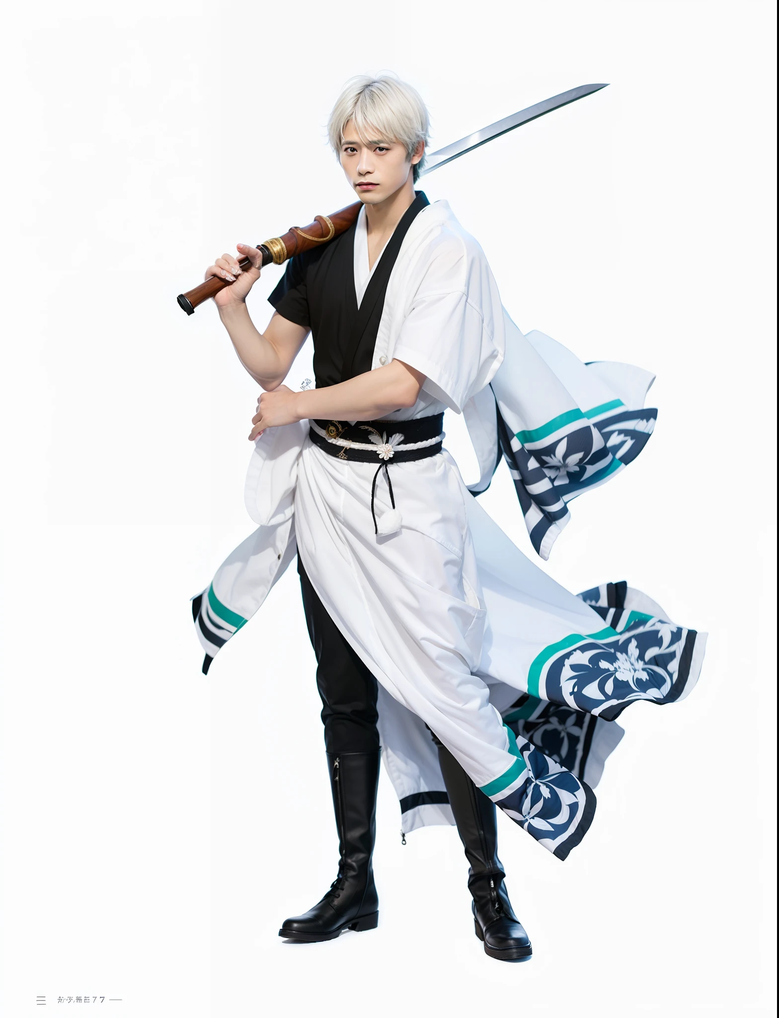 1boy,gintoki sakata,black jacket,white kimono, short hair, white hair,holding sword,wooden sword,one hand out, standing, serious face,boots, realistic,more detail,70mm lens,