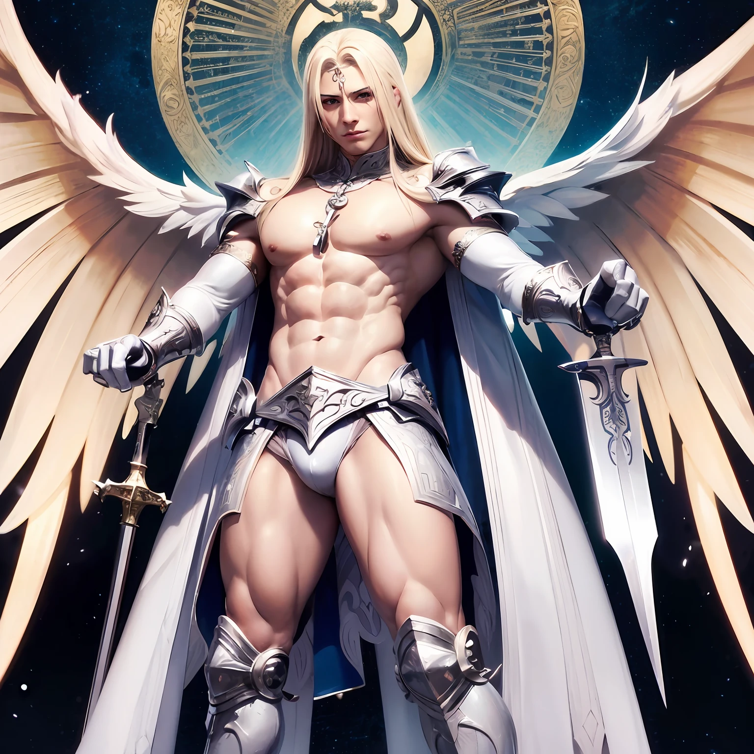 A six-winged angel,coiffed blonde hair,White skin,muscle men,dressed in armor,There are ten divine rings on the back,The weapon is a long sword,Oriental --auto