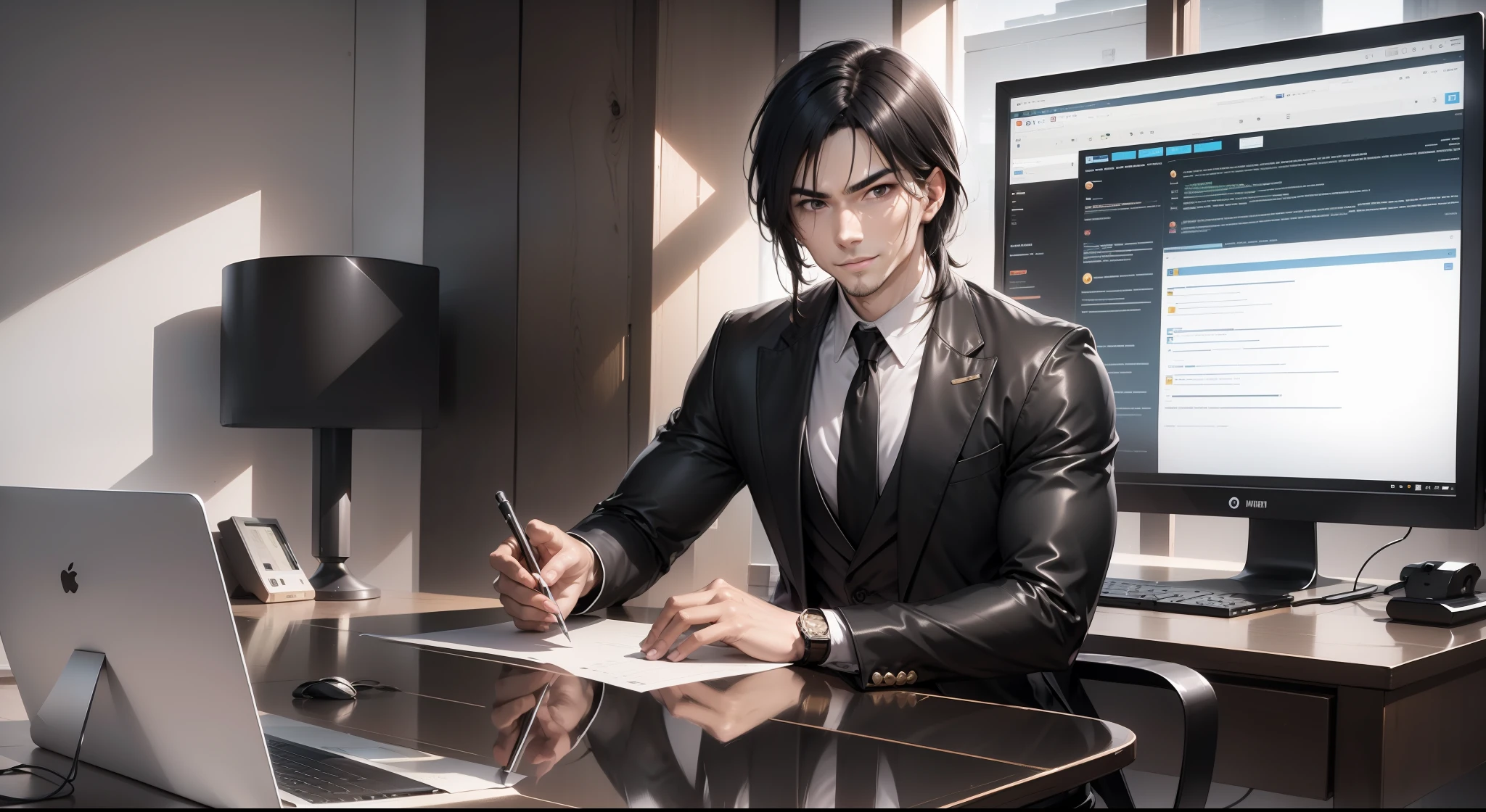 hyper HD，The ultimate masterpiece，High detail depiction，Best picture quality，8K，style of anime，A mature man sitting in an office，Monitors，keyboards，Keep your eyes on the monitor，short detailed hair，30 years old，Ultra-precise and detailed facial features，Black eyes，ssmile，In black suit，Black leather shoes，White shirt，Black trousers，Height 1.75 meters，code，computers，Far view