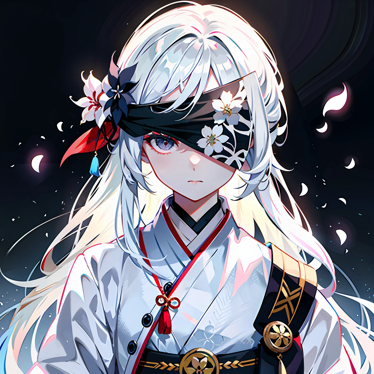 8K,best qualtiy,tmasterpiece,超高分辨率,Stunning character art,misterious!Hazy beauty,The edges are jagged,A woman wears a black cloth belt to cover her eyes,Gray hair,Anime girl with flowers in her hair, Gray background,This is a detailed Onmyoji style art,Whiten face,frostbite,Silk robes,Very beautiful girl,The blind freedom of a few,style of anime4 K, Anime wallpaper 4K, White-haired god, anime styled 3d