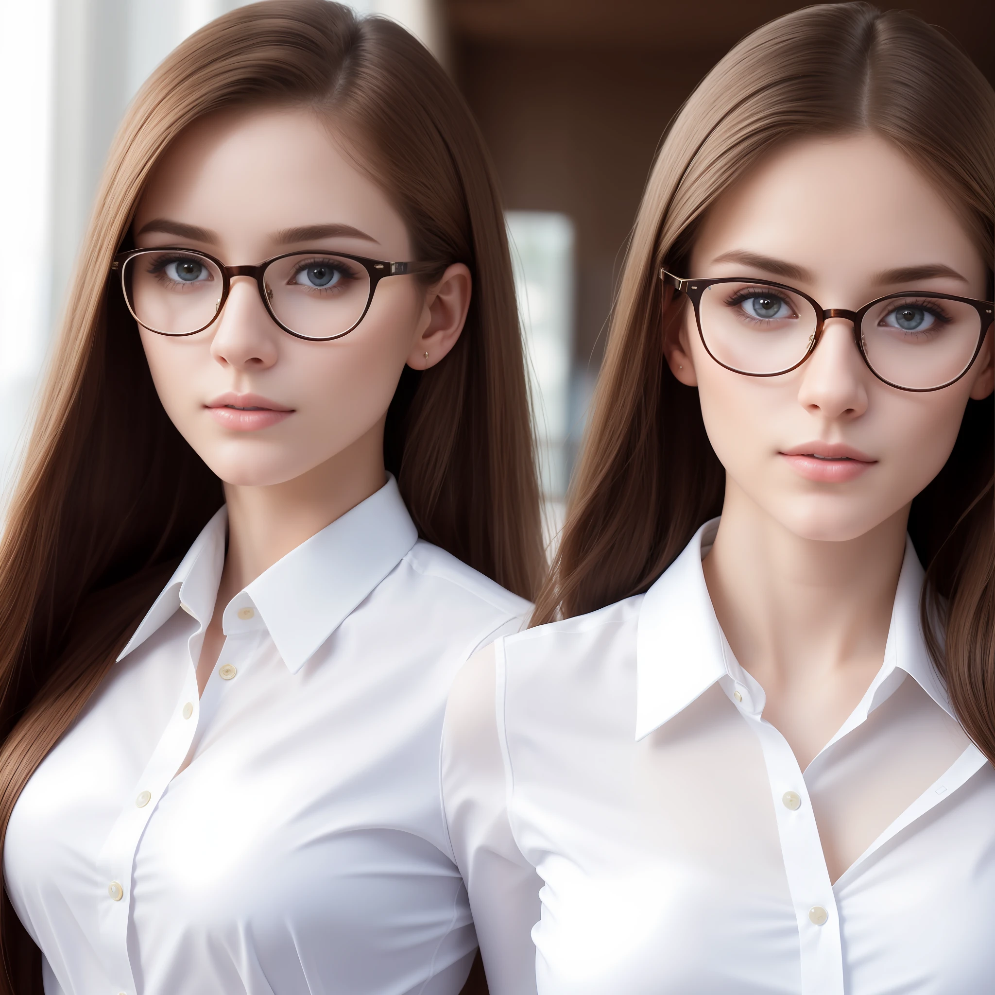 Hyper-Realistic, Masterpiece, Finest Quality, Fine Body, Fine Figure, Extremely Detailed, Light Brown Hair, Delicate Pale White Skin, No Ability To Tan, Long Straight Hair, Expressive Eyes, White Glasses, Clean Lines, Perfect Face, Slightly Blue Eyes, Delicate, Perfect, Secretary Uniform, Very Shy Face, Perfect Body, Sharp Body Student, Detailed, Perfectly Detailed