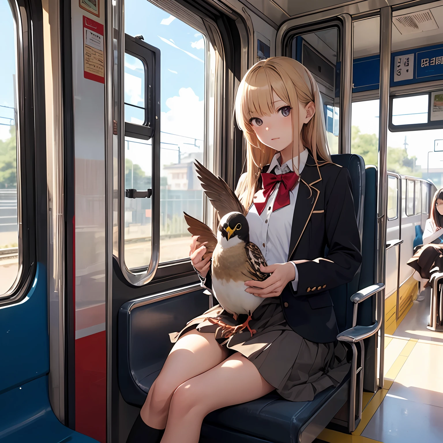 (masterpiece:1.2, best quality), (highly detailed:1.3), perfect anime illustration of 1girl in school uniform sitting in a train and (holding a giant sparrow on her knees), giant sparrows, bright, sunlight,