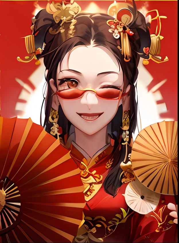 Women wearing red glasses and red fans pose for a group photo, Chinese style, red adornments, Chinese girl, Chinese woman, red adornments,, Wearing a red cheongsam, Traditional Chinese clothing, Tinted sunglasses, Keep your eyes closed