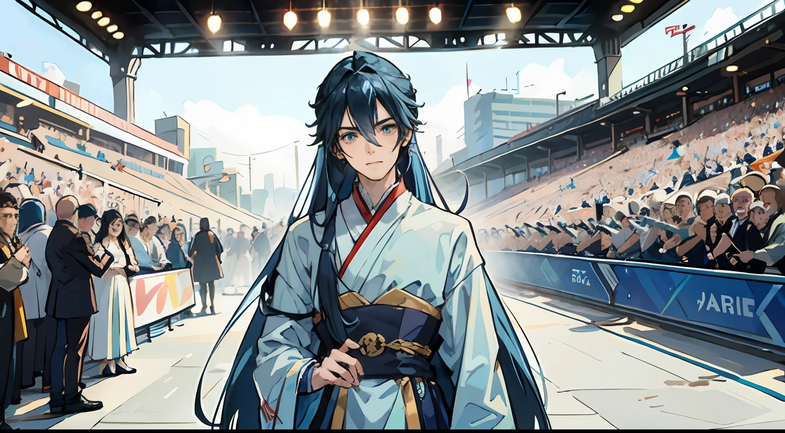 Long blue hair,Bandage sideburns,A handsome teenager,Standing above the crowd,proud face,Look down on the crowd,morden style