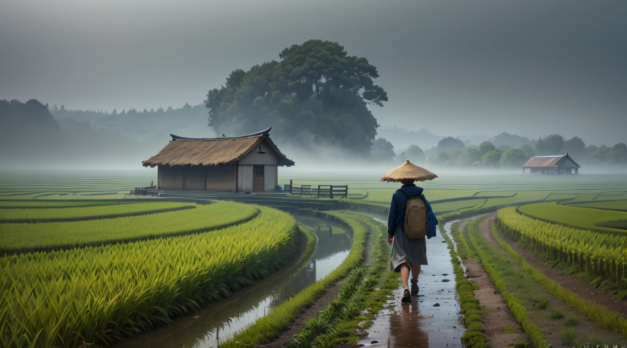 There is a man walking through a rice field, in the background is a hut with rice fields, rice fields, neat rice seedlings in the fields, misty rain, villages, agriculture, in the tranquil landscape, misty weather, in the vast peaceful landscape, in the early morning, in the morning mist, behind a small village, mist, Japanese countryside, thatched roofs --v 6