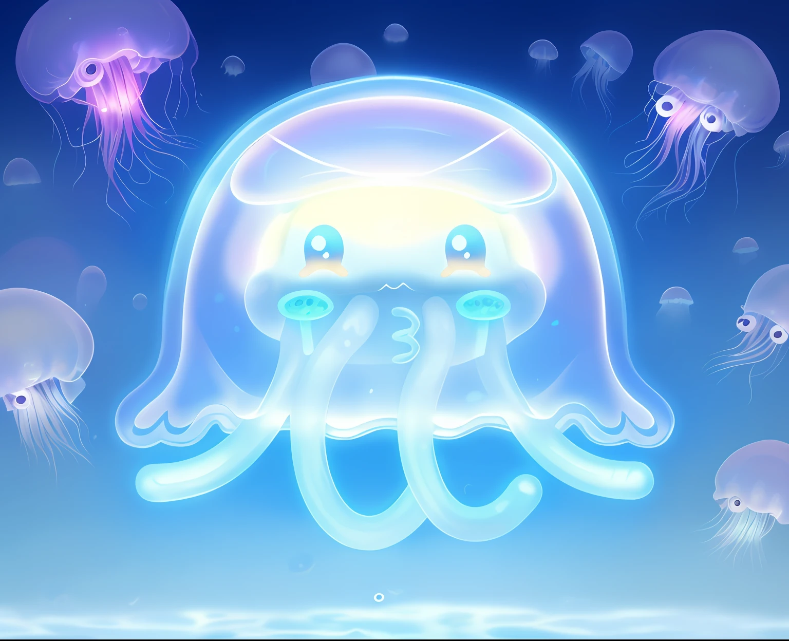 There is a cartoon jellyfish with a face and eyes, cute funny ghost, jellyfish wearing glasses, jellyfish elements, jelly fish dancing, transparent jellyfish, White alien squid, blue transparent jelly, translucent glowing jellyfish, jelly fish, pastel cute slime, clear cute face, cute cthulhu, floating ghost, transparent ghost screaming, jellyfish, squid phoenix jellyfish, jello, neon jellyfish