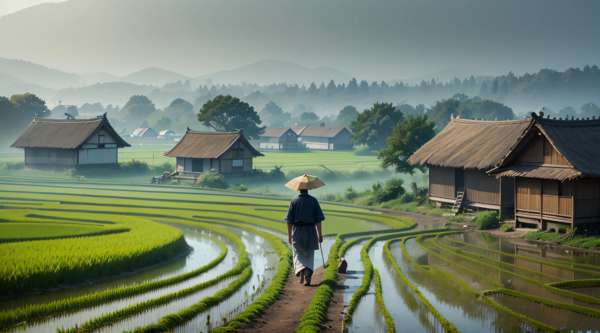 There is a man walking through a rice field, in the background is a hut with rice fields, rice fields, neat rice seedlings in the fields, misty rain, villages, agriculture, in the tranquil landscape, misty weather, in the vast peaceful landscape, in the early morning, in the morning mist, behind a small village, mist, Japanese countryside, thatched roofs --v 6