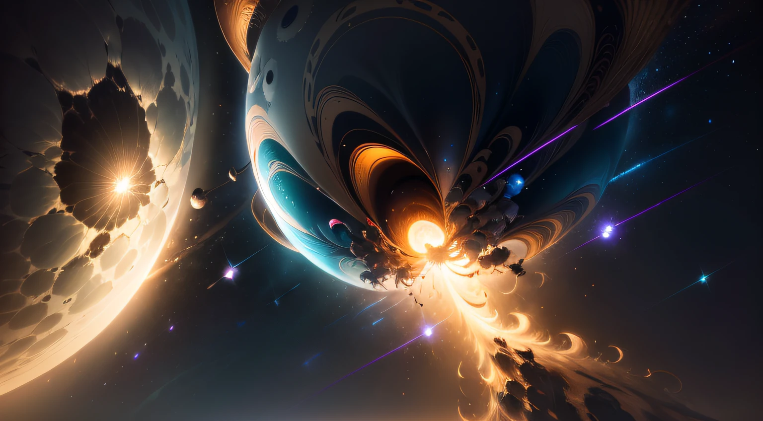 ((REAL)))), ((MASTER))), ((BEST QUALITY)), ULTRA-DETAILED CG Unity 8k wallpapers, incredibly detailed and beautiful illustrations, floating, high resolution, dynamic, dark black background, stellar space, big white shining stars, colorful planets in the cosmic maelstrom, countless small petals fluttering