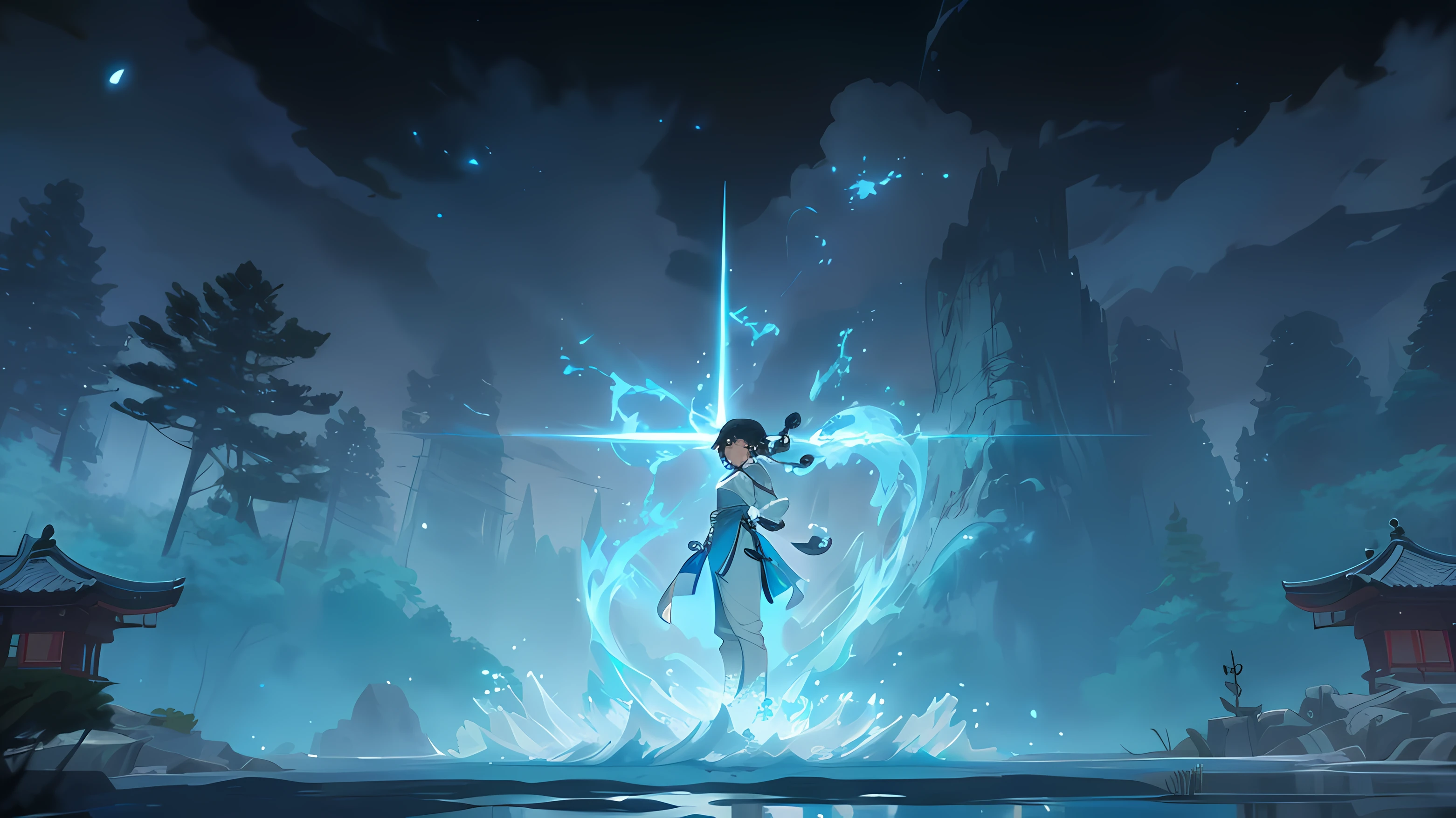 tmasterpiece,1girll,ultra very long shot,Wear cyan Hanfu,Chinese Traditional Cloth,((Spears made of water,))Long cyan hair,hair braids,with his back to the viewer,Didn't look at the audience,Fighting posture,Facial detailed,Image of Arafo holding a gun in the water, Genshin impact's character, shattered sky cinematic, stunning vfx, luminous water elemental, ps5 cinematic screen capture, Makoto Shinkai. rendering by octane, this character has cryokinesis, kaladin stormblessed, sword and wand – water, Genshin Impact style
