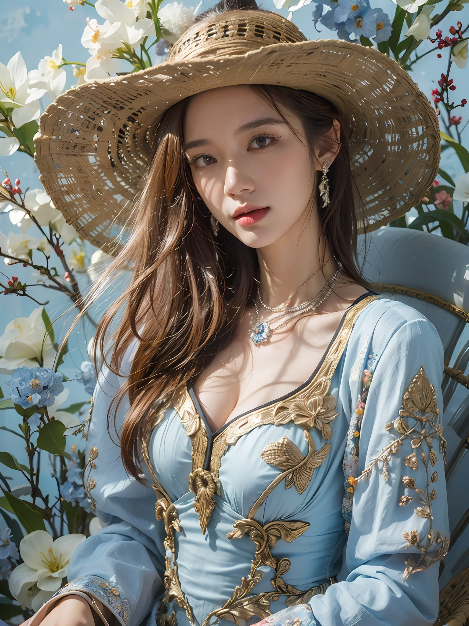 (((Masterpiece))), (((Best quality))), ((Ultra-detailed)), (illustration), 1girll, 24 years old, Beautiful detailed eyes, White and metal composite fantasy ranger costume, High quality fabrics, Expensive fabrics, High resolution cloth texture, Detailed folds and wrinkles, cleavage, Dynamic pose, Cowboy shot, Glow. the wallpaper, Flowers, Light blue flowers, Flower chairs