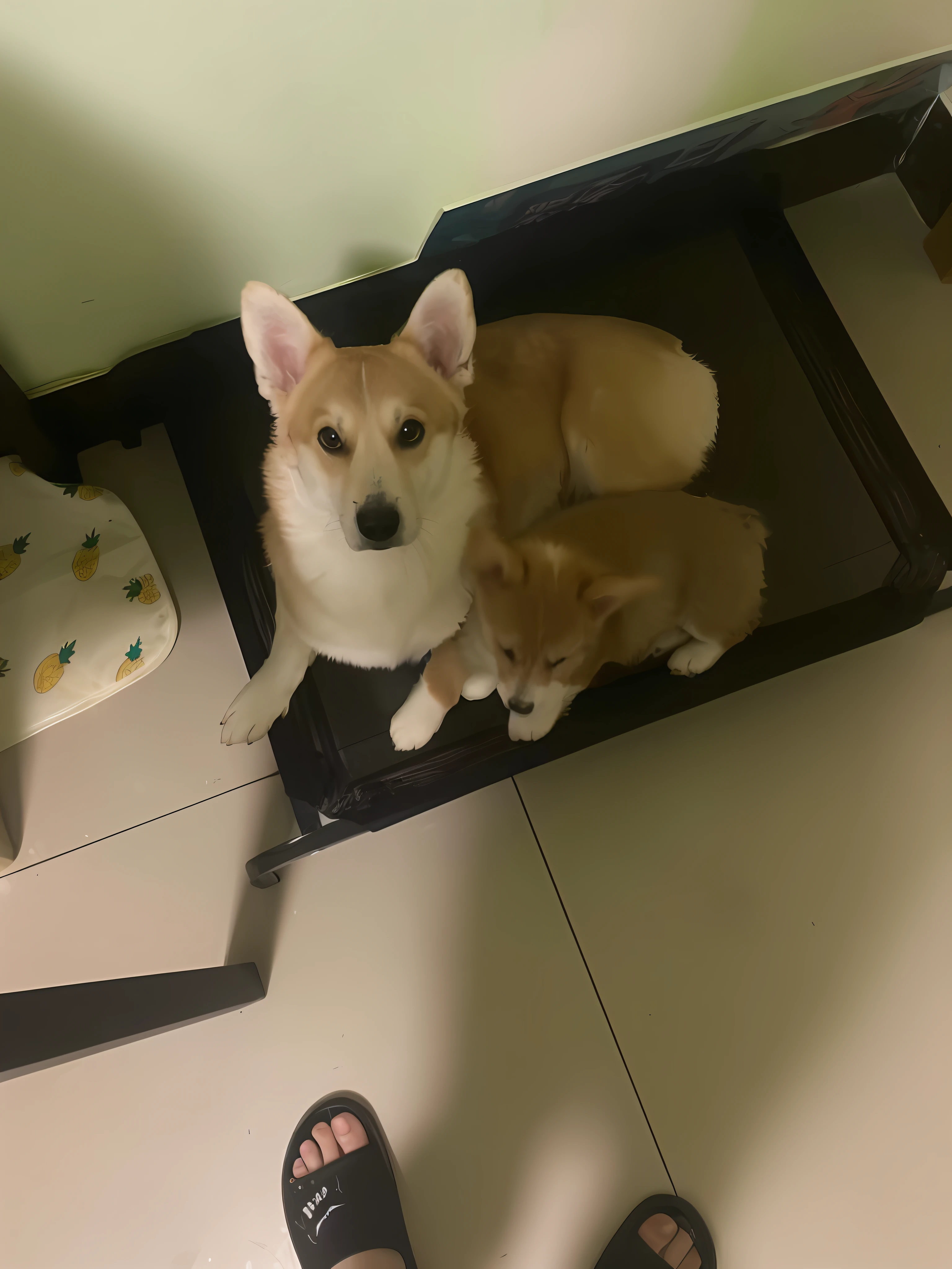 There was a dog and a cat sitting on the suitcase, Shiba dog, shibu inu, shiba inu dog, taken with sony alpha 9, Puppies, they are siblings, both smiling for the camera, author:Chai Mansion, red puppils, cute corgi, taken with a Sony A7R camera, big and small