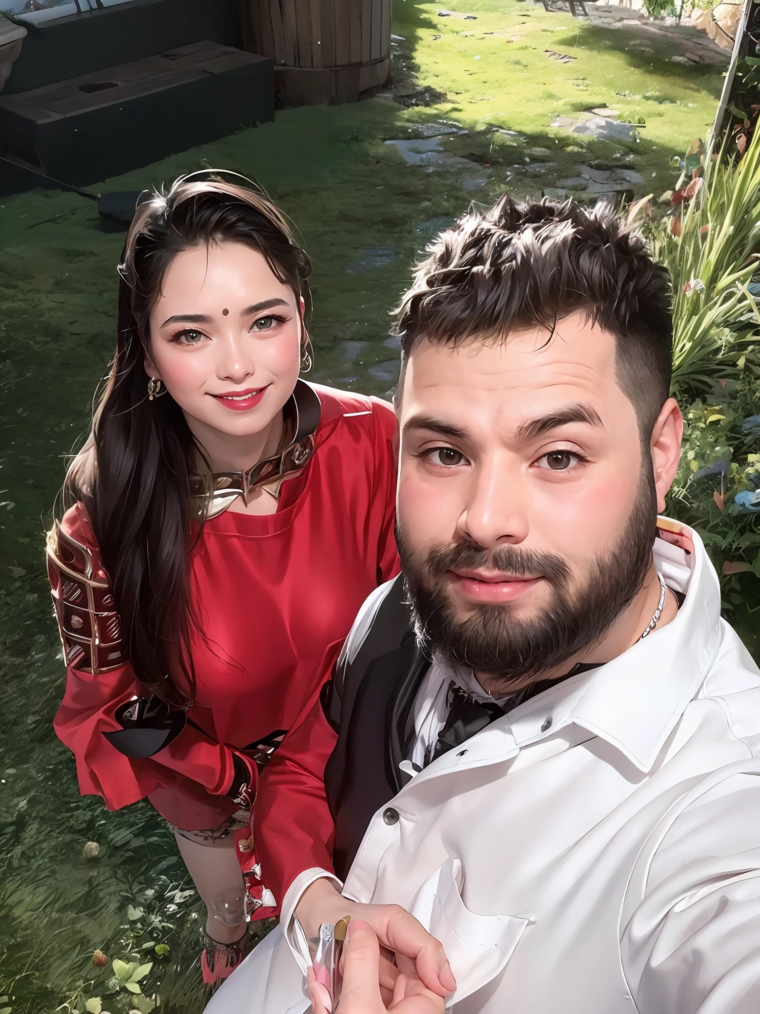 Couple selfie, glittering makeup, wide smiling lip,beard with short hair man, handsome man, realistic face, change background, astistic nature background