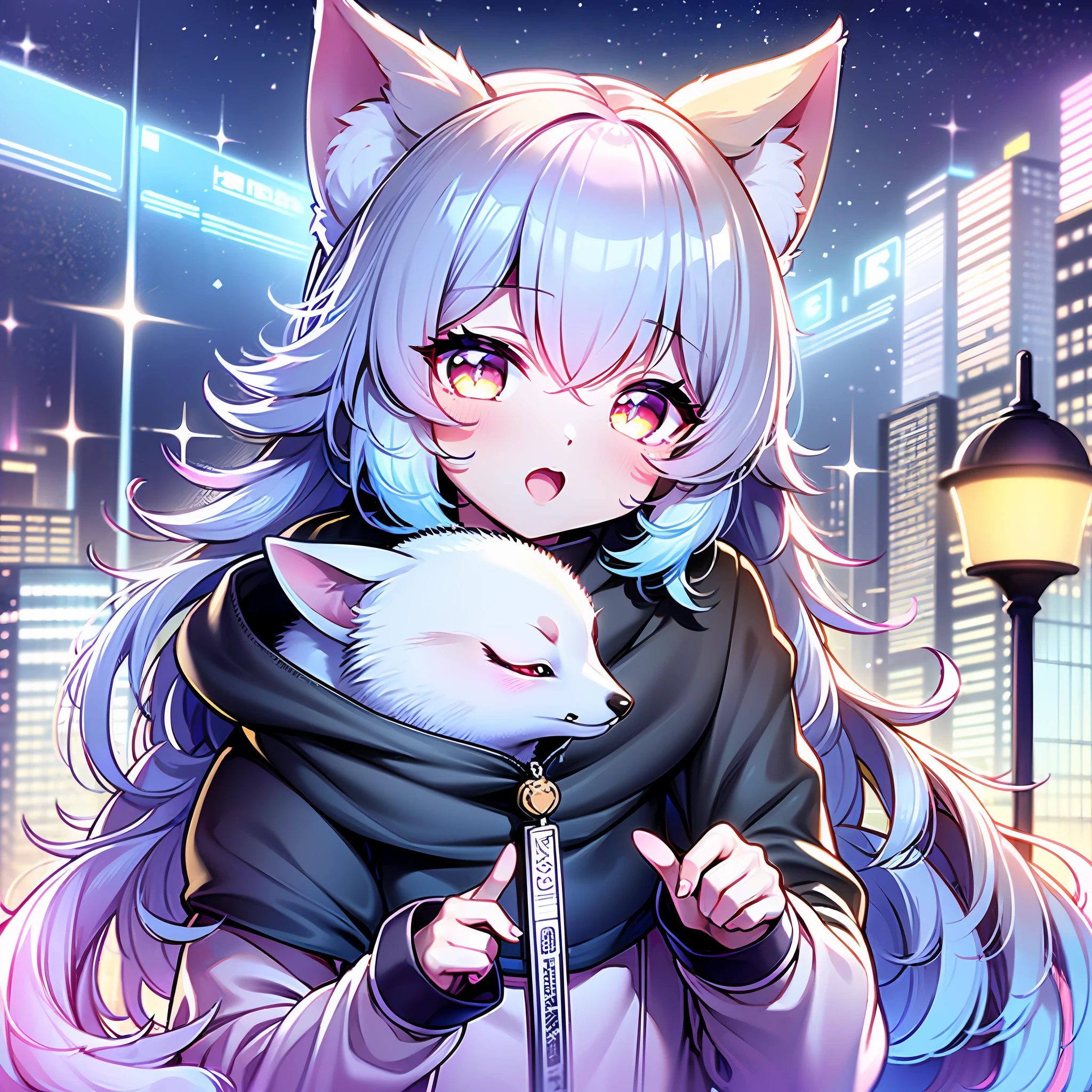 (award winning 8k official art:1.3) of (chibi and arctic fox:1.3), kawaiitech, kawaii, cute colors, beautiful fingers, night, winter, extremely detailed background, sweet, front, epic, (masterpiece:1.4), (best quality:1.4), Amazing, beautiful, finely detailed, (Depth of field:1.1), extremely detailed 8k, stunning, (light reflections:0.5), (crisp:1.3), (edge detection:1.2), absurdres, impressive, 120mm, clear