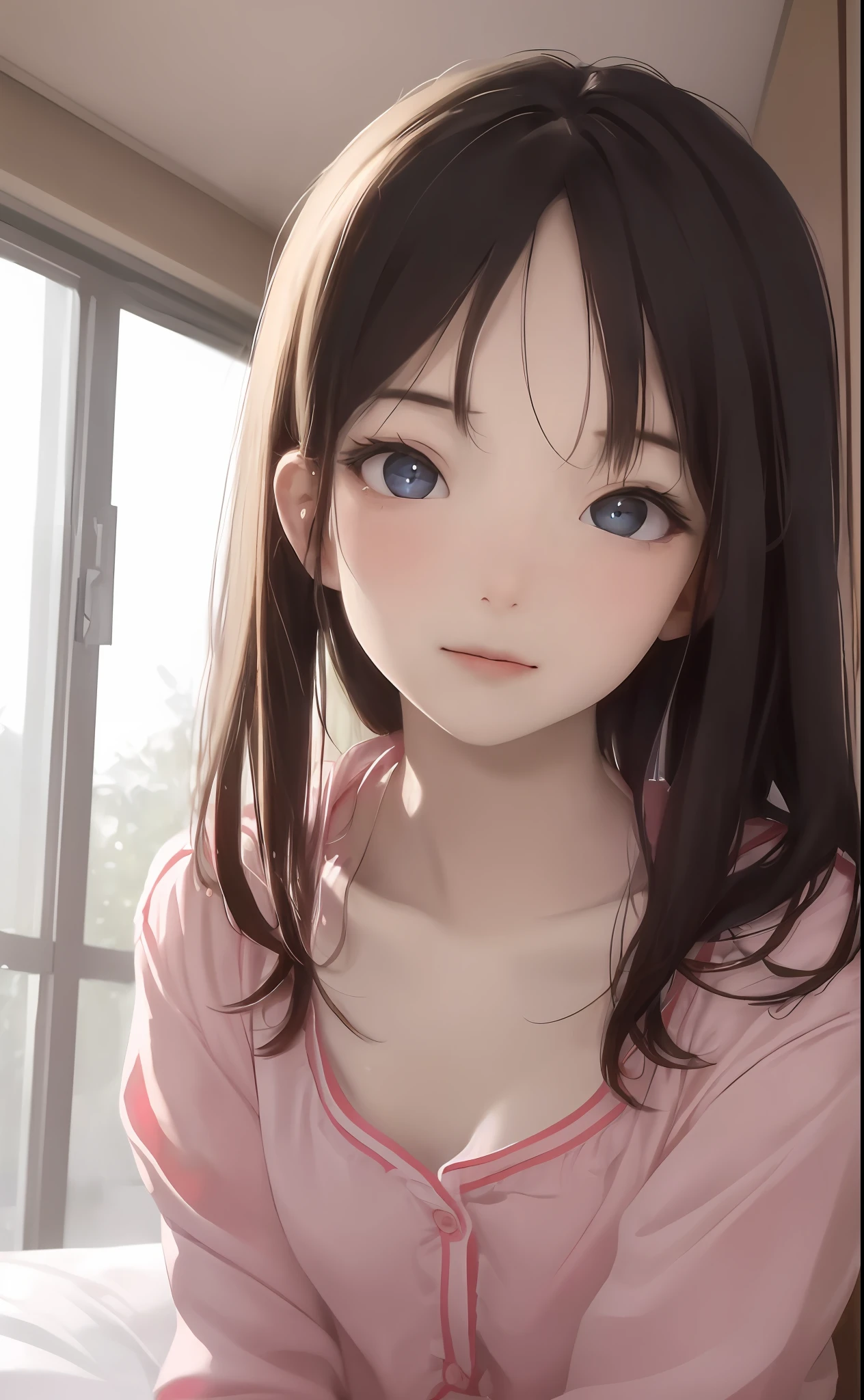 Anime girl with long hair and blue eyes sitting on a bed - SeaArt AI