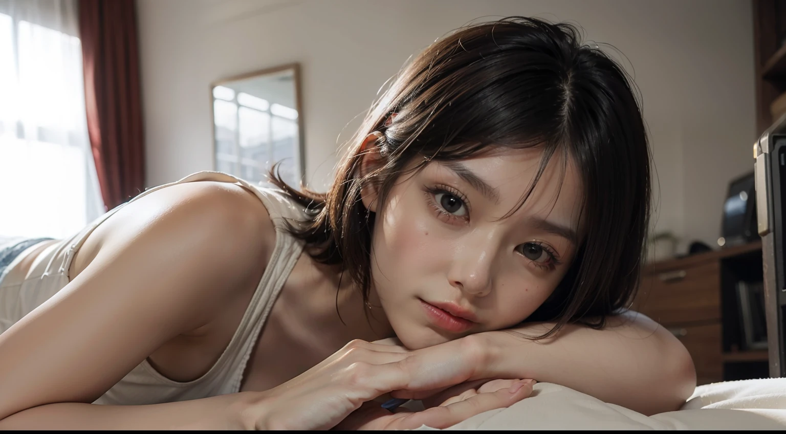 tmasterpiece， 1 beutiful girl，Full body photo， Detailed eyes， Swollen eyes， top Quority， 超高分辨率， （Realistis： 1.4）， RAW photogr， 1girll， cinmatic lighting， jpn， a asian beauty， Korea， is very beautiful， Beautiful skins， Slim， body facing the front， （Ultra photo realsisim）， （A high resolution）， （8 k''）， （The is very detailed）， （Most Best Illustration）， （美丽细致的眼睛）， （ultra-detailliert）， Detailed face， looking at viewert， Staring straight ahead， Neat clothes， Sleeveless，short detailed hair，brunette color hair，46 points oblique bangs，white backgrounid，Neat room，