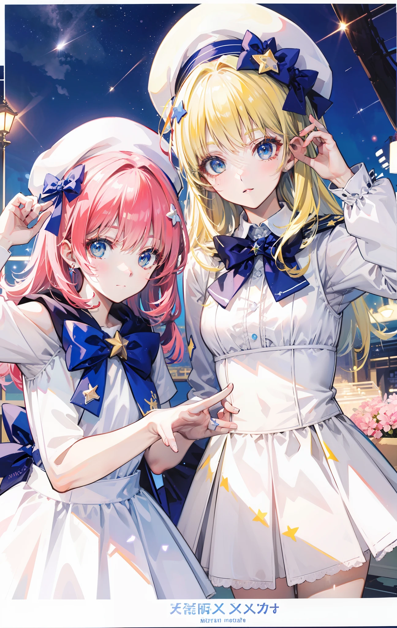 Yellow-haired,white dresses,eBlue eyes,star accessories,Blue bow tie,white beret(It has a blue bow on it),starryskybackground,poster for,There is text in the upper right corner,meteors,4K