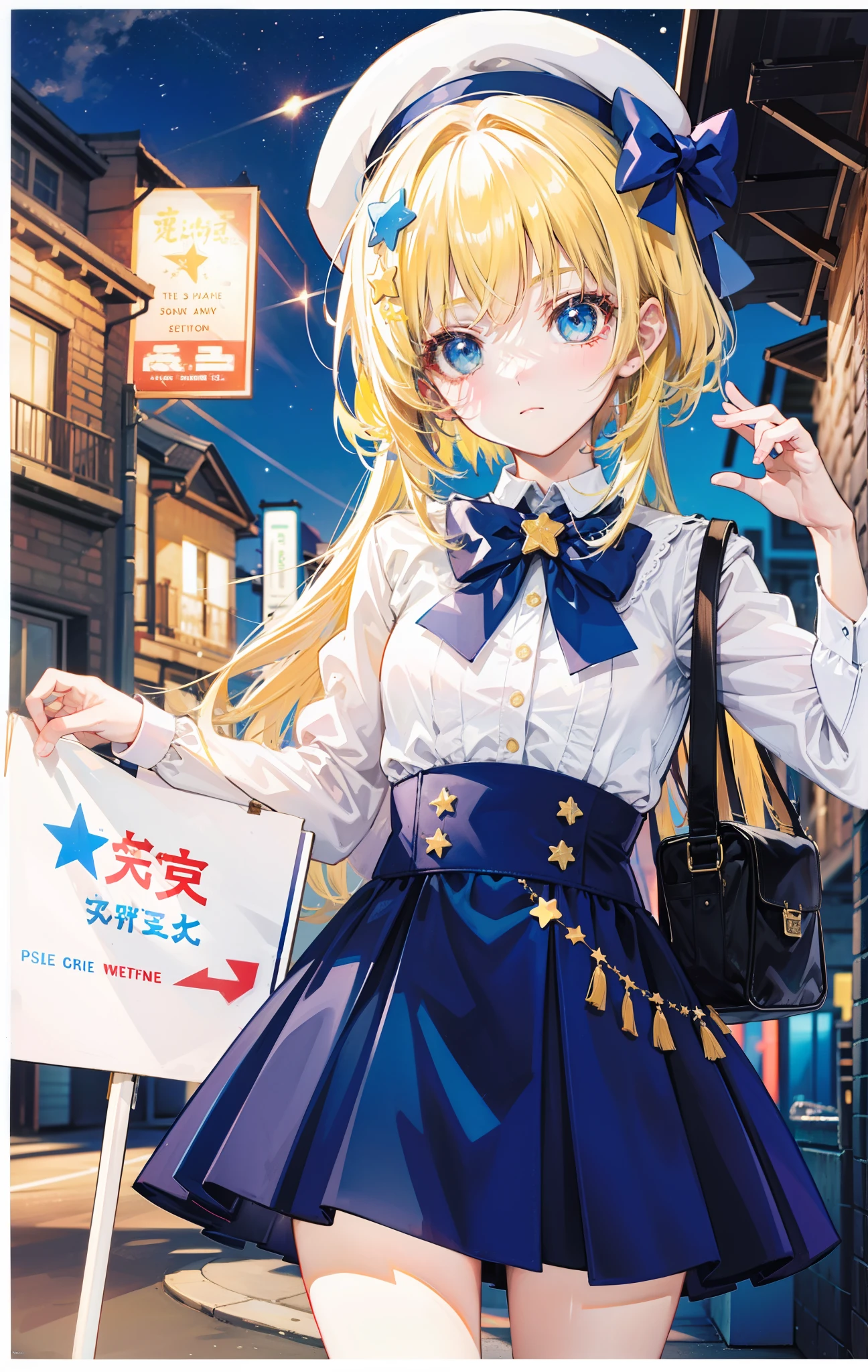 Yellow-haired，white dresses，eBlue eyes，star accessories，Blue bow tie，white beret（It has a blue bow on it），starryskybackground，poster for，There is text in the upper right corner，meteors，4K