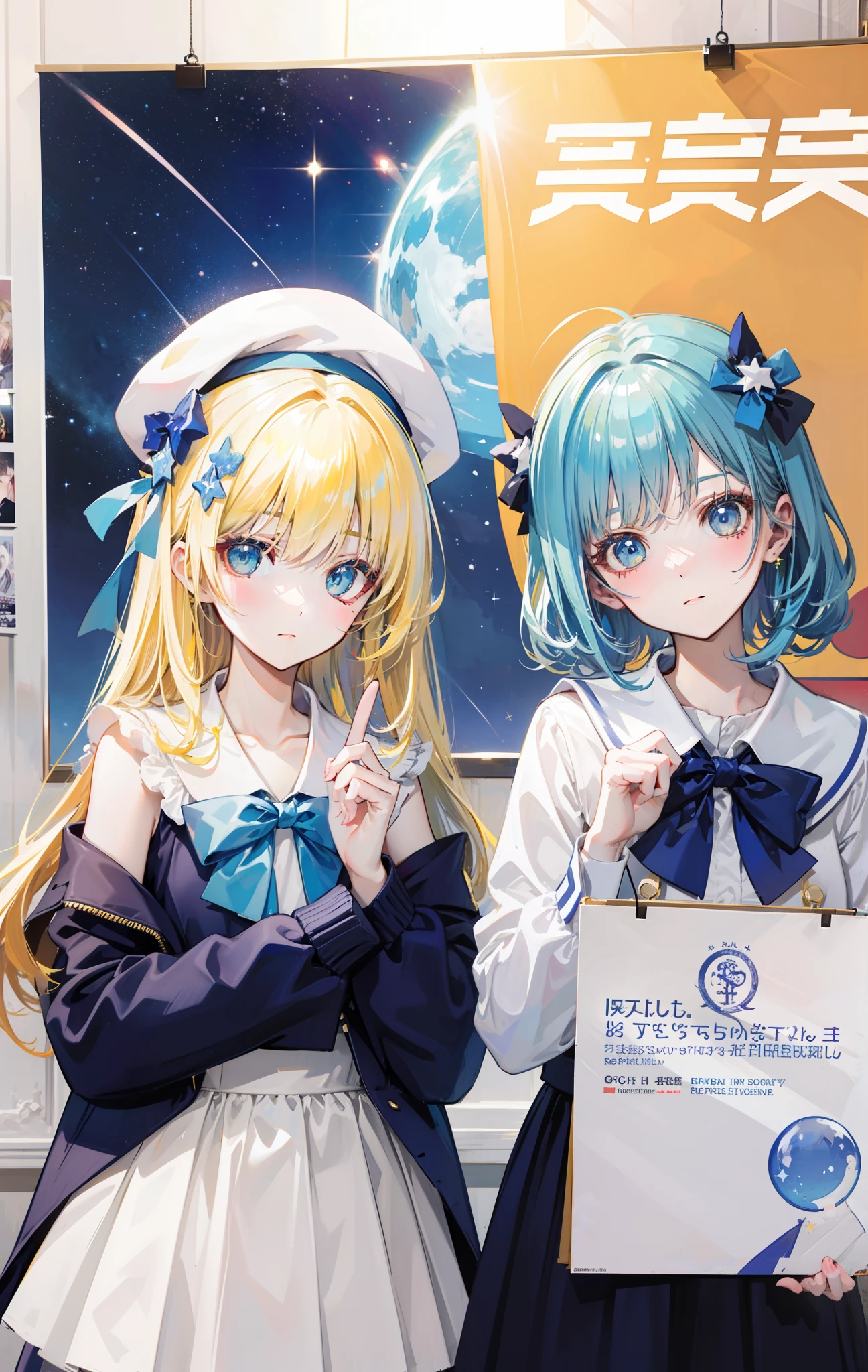 Yellow-haired,white dresses,eBlue eyes,star accessories,Blue bow tie,white beret(It has a blue bow on it),starryskybackground,poster for,There is text in the upper right corner,meteors,4K