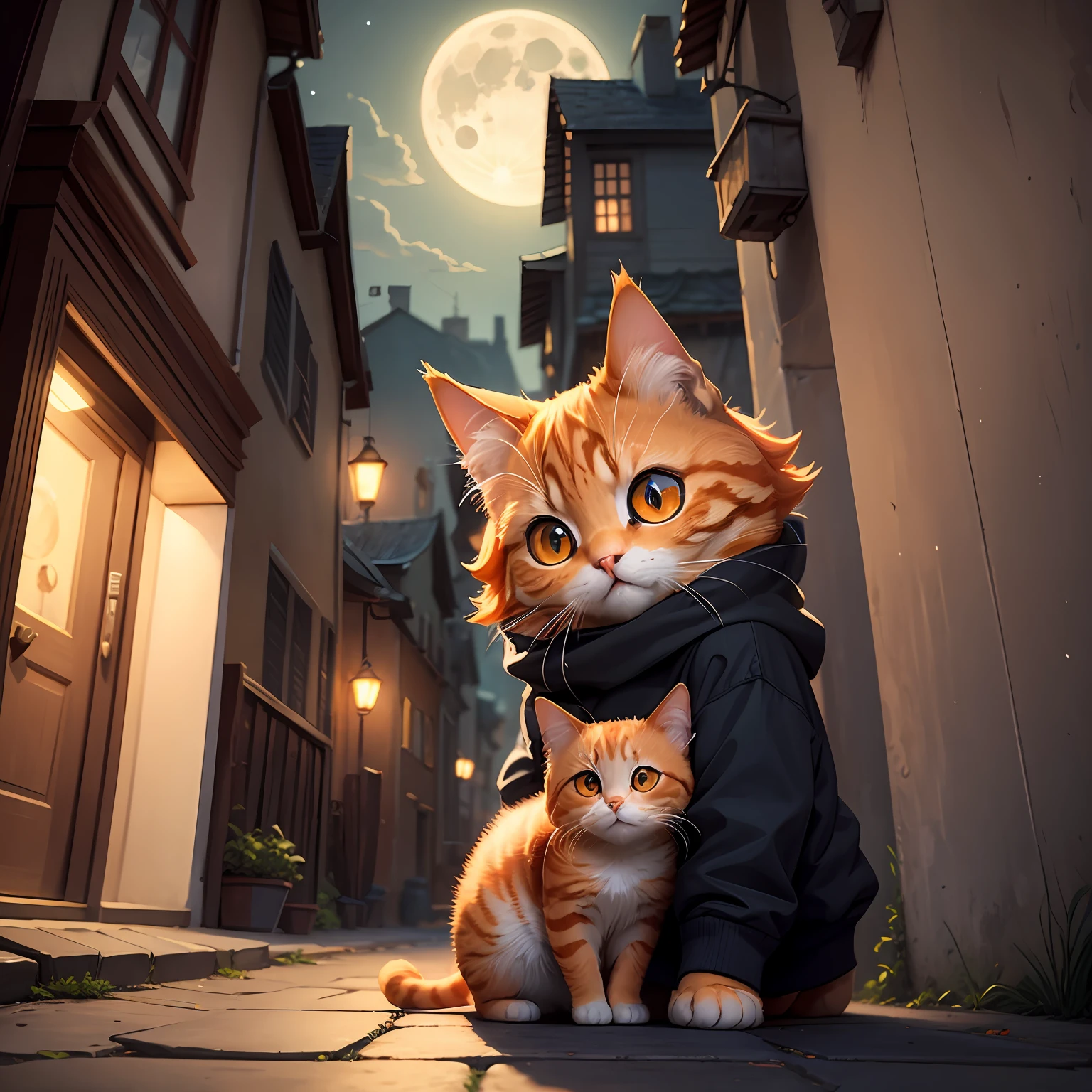 "An adorable masterpiece featuring a cute orange cat with big eyes, under a full moon in a charming alleyway." --auto