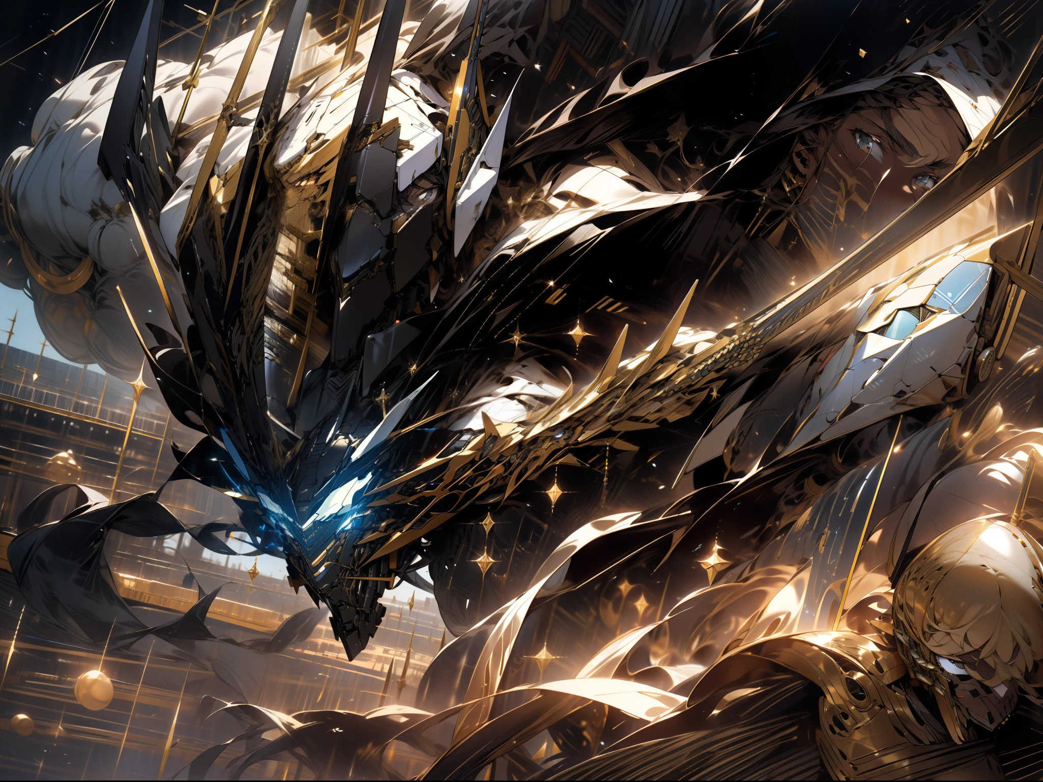 Picture an impressive mecha, predominantly black accents, standing tall and holding a huge spear on the desert. This mecha features a futuristic design with intricate details and a formidable expression. The golden accents on certain parts add a luxurious gleam and highlight its design lines. In the background an epic and mesmerizing atmosphere.