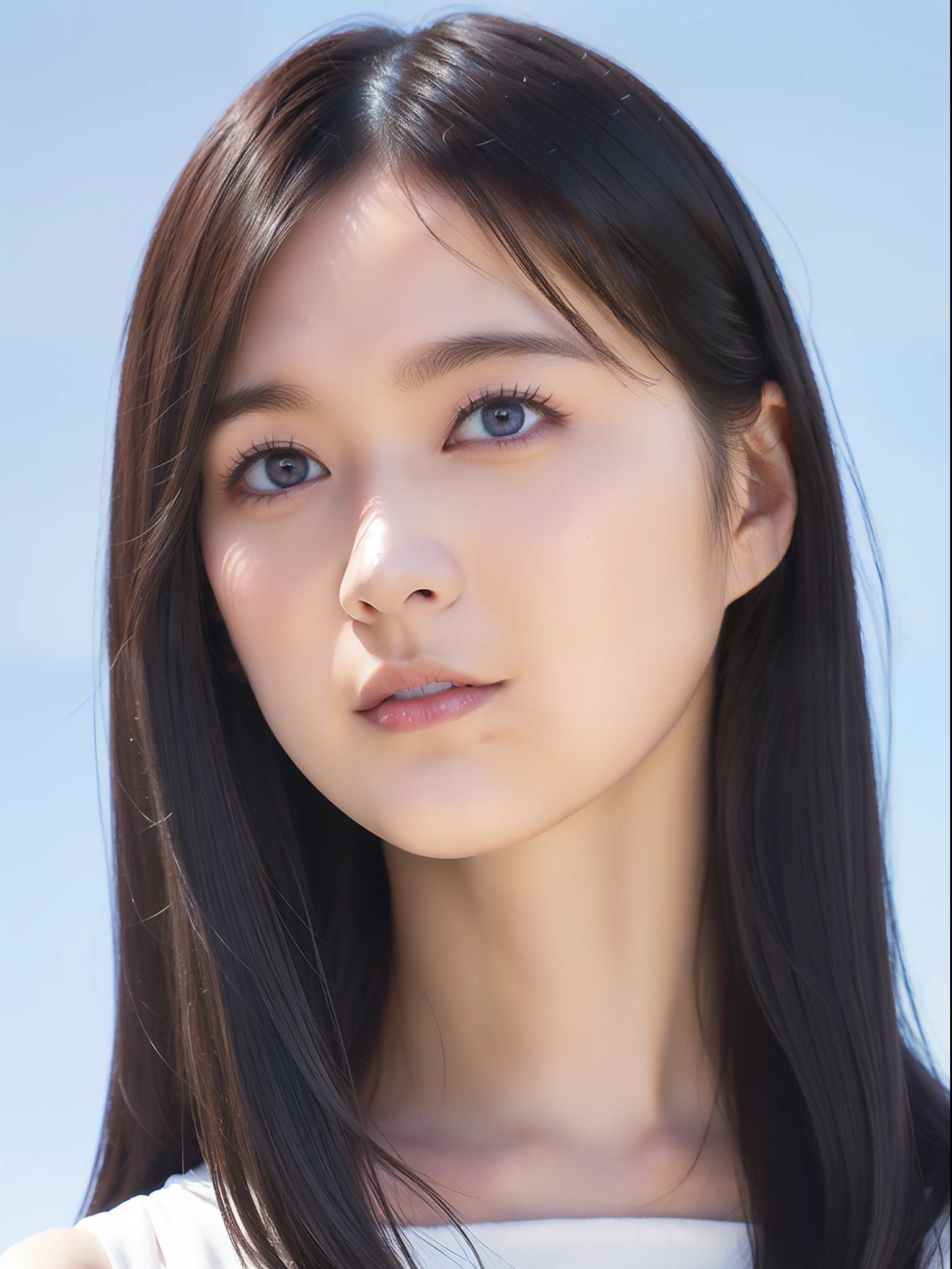 (Detailed and realistic portrait of pretty face girl)、(Shot outside with round eyes and long flapping hair)、Staring at the camera、magical photography、Dramatic lighting、Photographic realism、ultra-detailliert、 Intimate portrait composition、(Center image composition)、(up close shot:1.6)、top-quality、f / 1。8、85 mm、 (22 year old Asian woman), black_hair,(black_eyes:1.2),(bangss),makeup,white_dress, (Hazy blue_sky_background)