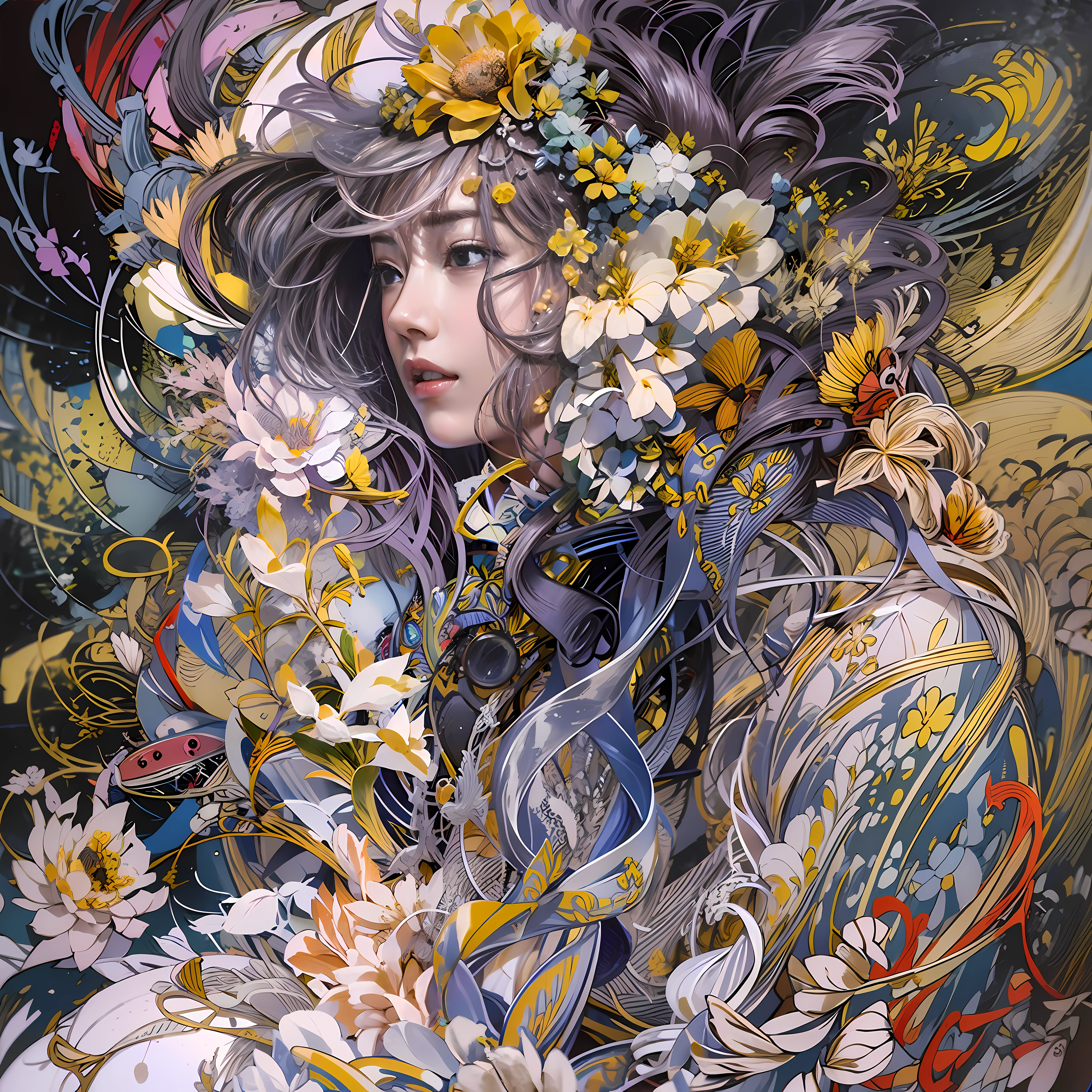 florals，offcial art，Unified 8K wallpapers，ultra - detailed，Beauty and aesthetics，tmasterpiece，best qualtiy，（zentangle，datura，Tangles，entangled），（s fractal art：1.3），The is very detailed，cow boy shot，The most beautiful form of chaos，elegant，Fauvist design，vivd colour，romanticism lain，James Jean，Robbie Devi Antono，ross tran，Francis Bacon，Michal Mraz，adrian ghenie，petra cortright，Gerhard Richter，Takato Yamamoto，Ashley Wood，Atmospheric，A note of ecstasy，streaming musical notes visible，Bouguereau，John William Goldward