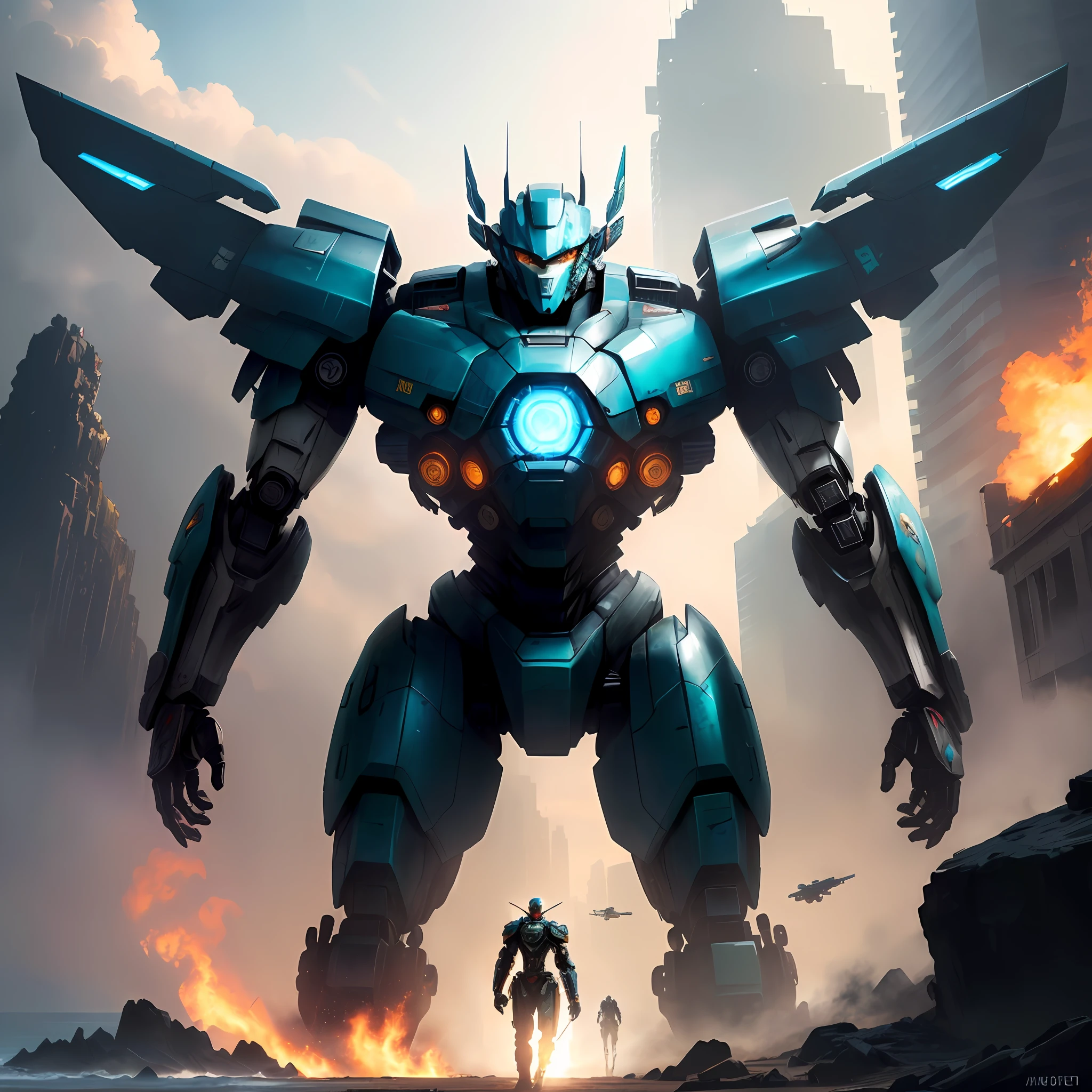 Pacific Rim Mecha,Blue is handsome and tall,Holding a double knife,In the city,There is a helicopter next to it