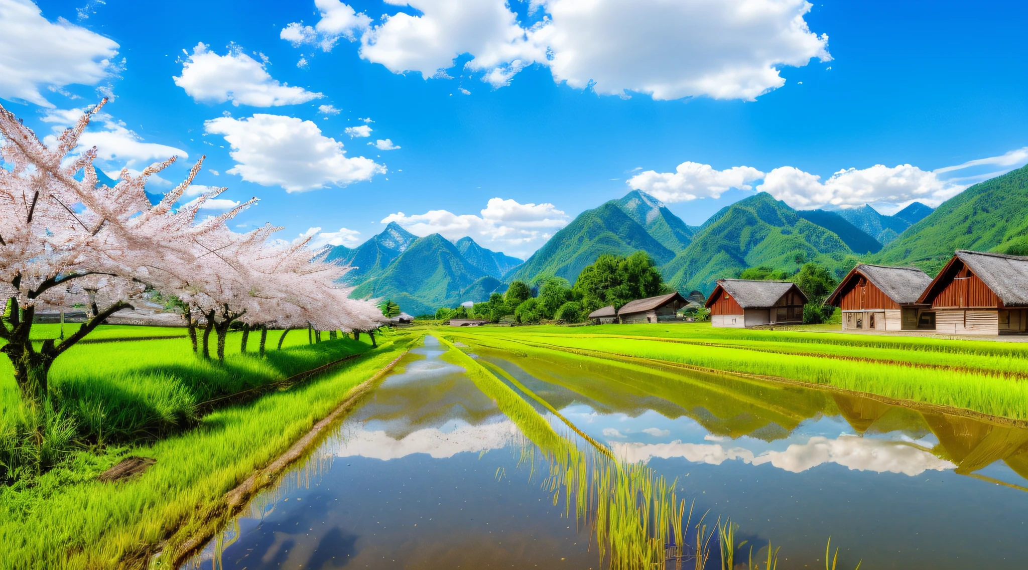 In summer, the small village of the hometown is beautiful, rice fields, dirt roads, streams, trees, peach blossoms, log cabins, blue sky and white clouds, super HD