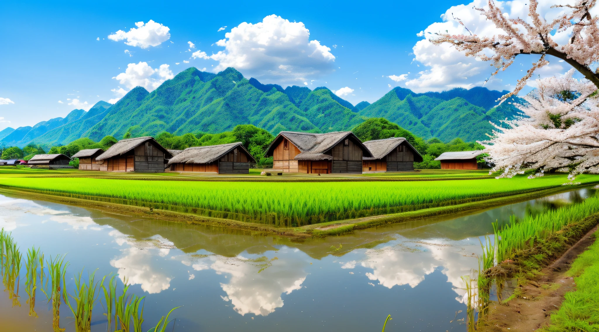 In summer, the small village of the hometown is beautiful, rice fields, dirt roads, streams, trees, peach blossoms, log cabins, blue sky and white clouds, super HD