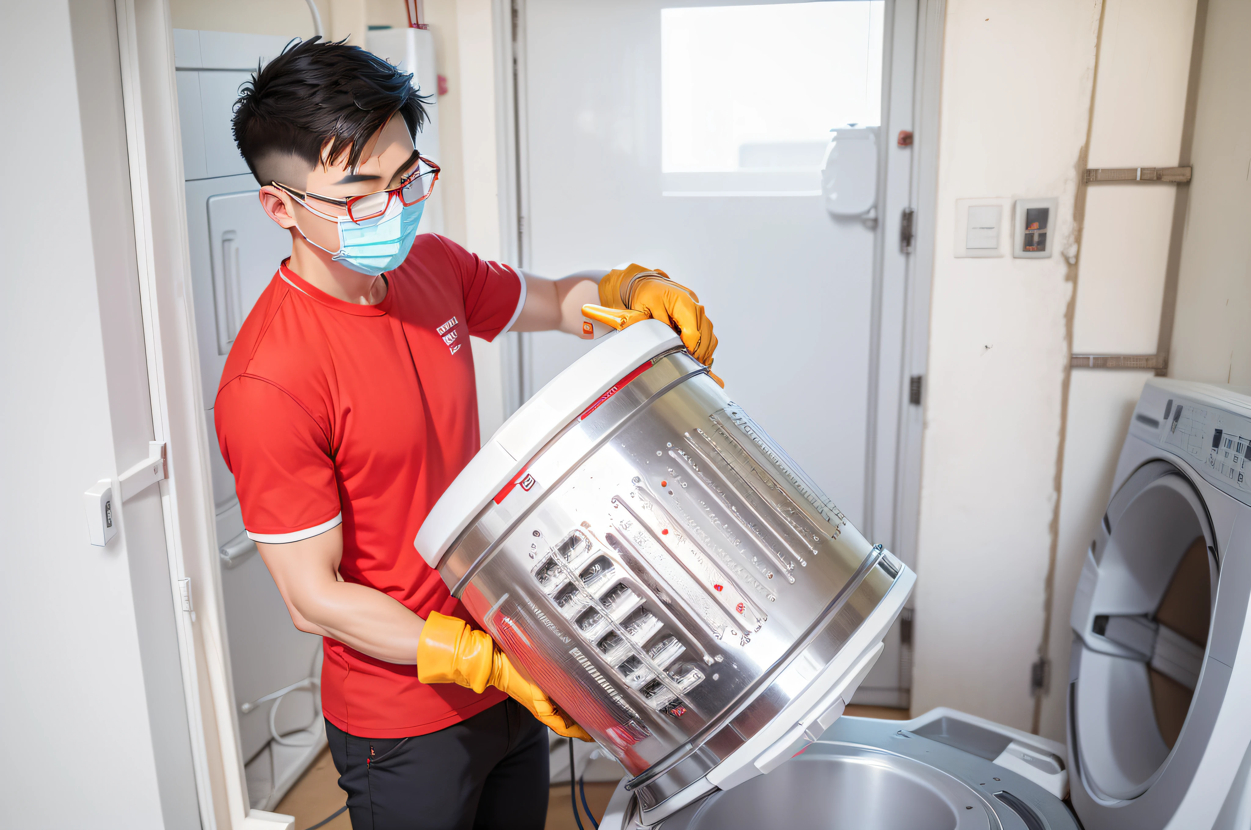 A handsome Asian engineer wearing a red short-sleeved T-shirt，On a hot summer day，Carefully repaired the washing machine，The background reflects the feeling of summer --auto