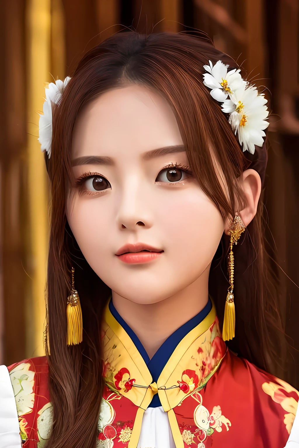 Portrait, female, brown hair, red eyes, white skin, beautiful, big round eyes, wearing traditional Chinese costume in the style of Xianxia movies