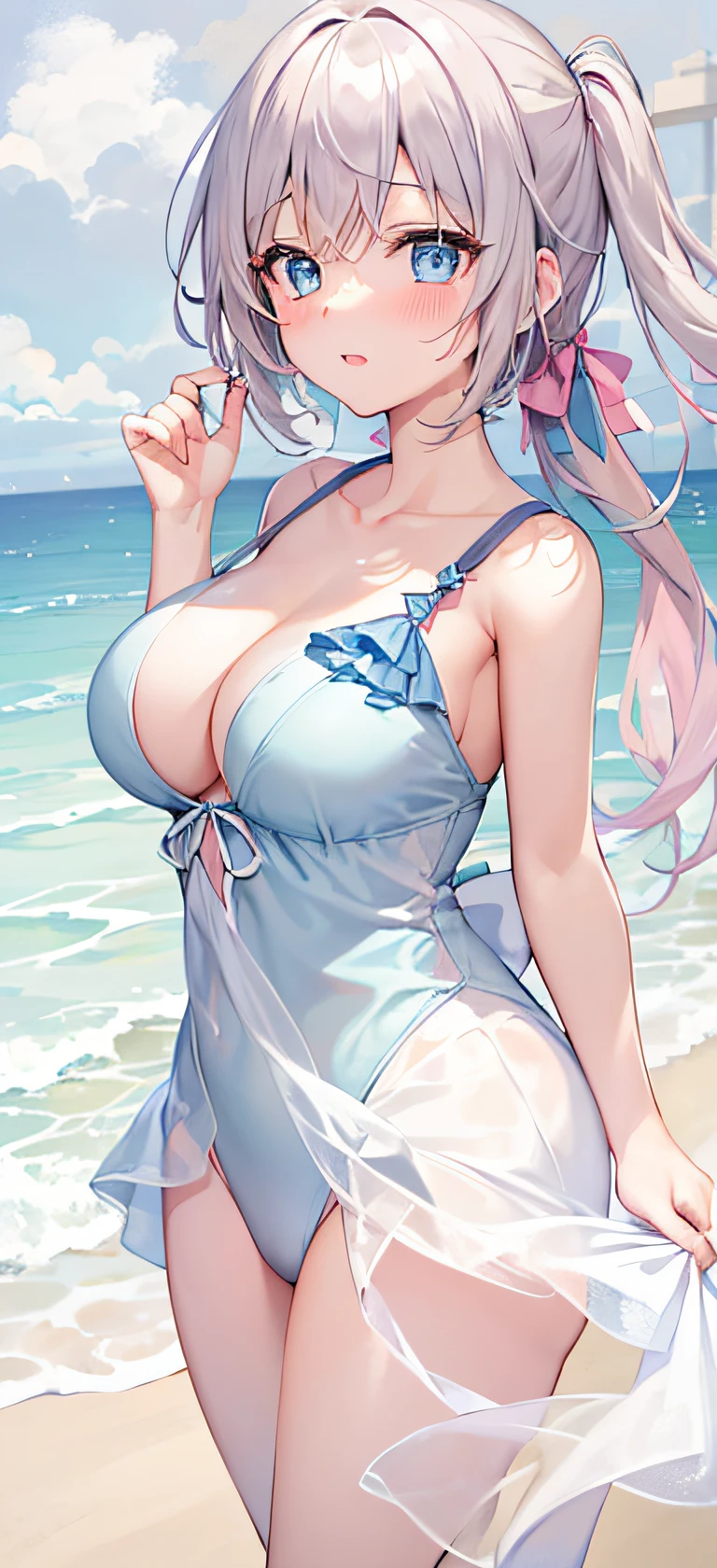 1girl in,Light Svert Medium Hair,Tying hair,Light blue eyes,Beach,Swimsuit,Cute,blush,medium breasts,cumulonimbus clouds,Best Quality++,Highest Quality++