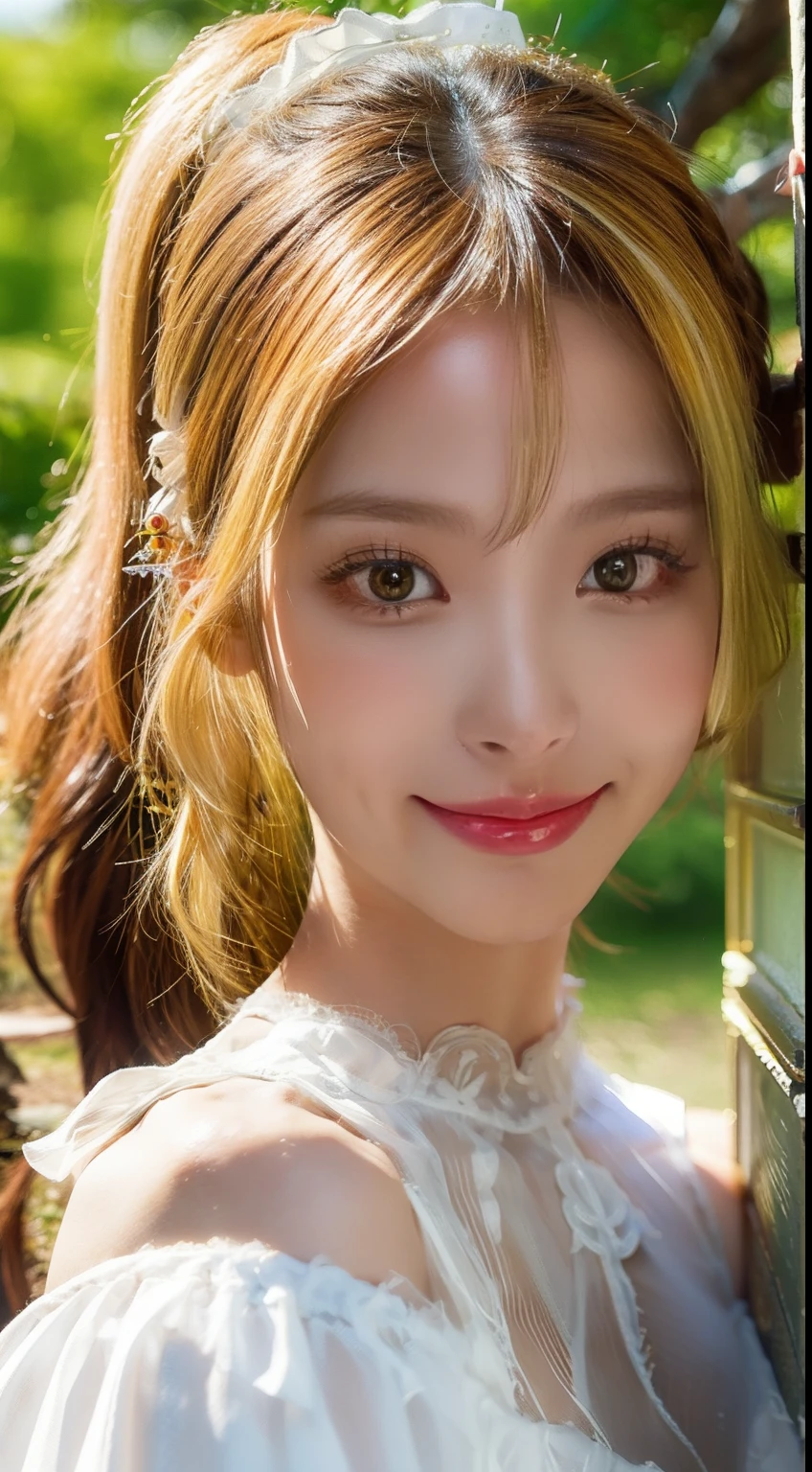 closeup on face, Face shot, (White dress :1.7), short miko skirt, Long streamers, blonde hairs, golden hair, (Pointed ears: 1.5), (Gold pattern quality:1.3), female pubic hair, with long blond hair, Off-the-Shoulders, Top detail CG quality 4K wallpaper, Master, A Masterpiece, portraits, The middle, Watch the footage, Beautiful Chinese-Korean mixed race idol, ((Super fine face, detailed description of facial features)), Lip biting makeup, Sweet smile, Perfect facial features, Model figure, Good complexion, the trees, branches, Golden meadow, stream, Golden leaves, Evening, Twilight, The setting sun, Twilight, autumn, twin braids, hair strand, diagonal bangs, hair ribbon, hair ornament, forehead jewel, jeweled branch of hourai, crescent hair ornament, fish hair ornament, hime cut, low ponytail, realism, god rays, sparkle, cinematic lighting, lens flare, UHD, high details, high quality, highres, best quality, 8k, 16k, high details, high quality, super detail, anatomically correct, masterpiece, ccurate