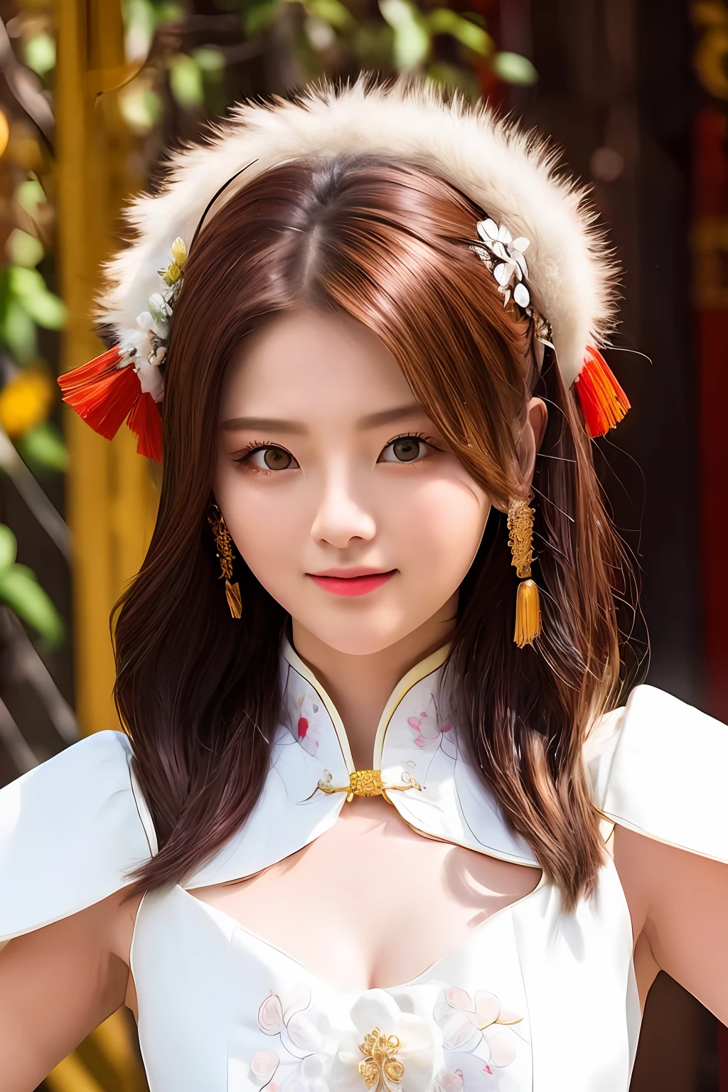 Portrait, female, brown hair, red eyes, white skin, beautiful, big round eyes, wearing traditional Chinese costume in the style of Xianxia movies