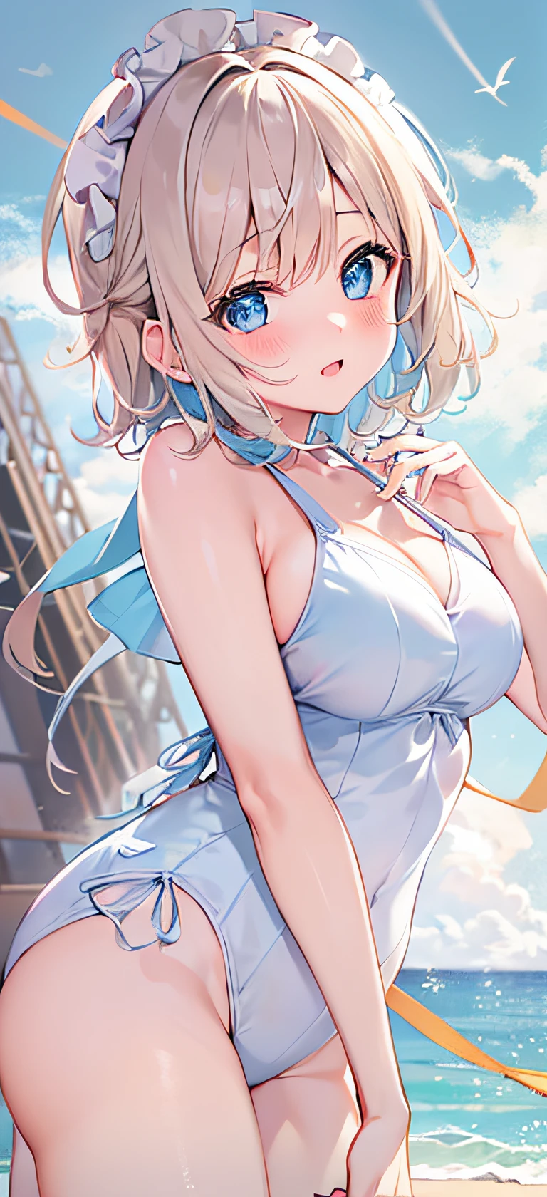 1girl in,Light Svert Medium Hair,Tying hair,Light blue eyes,Beach,Swimsuit,Cute,blush,medium breasts,cumulonimbus clouds,Best Quality++,Highest Quality++