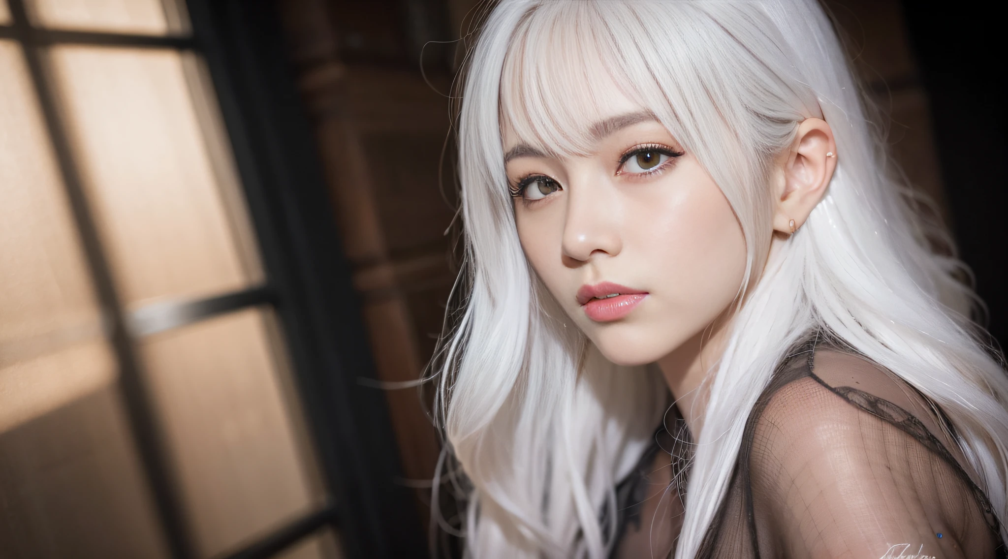 Woman with blonde hair,Long white hair and a transparent top, portrait of female korean idol, Girl with white hair, portrait of kpop idol, Long white hair and bangs, white-hair pretty face, Soft portrait shot 8 K, Perfect white haired girl, popular korean makeup, White hair color